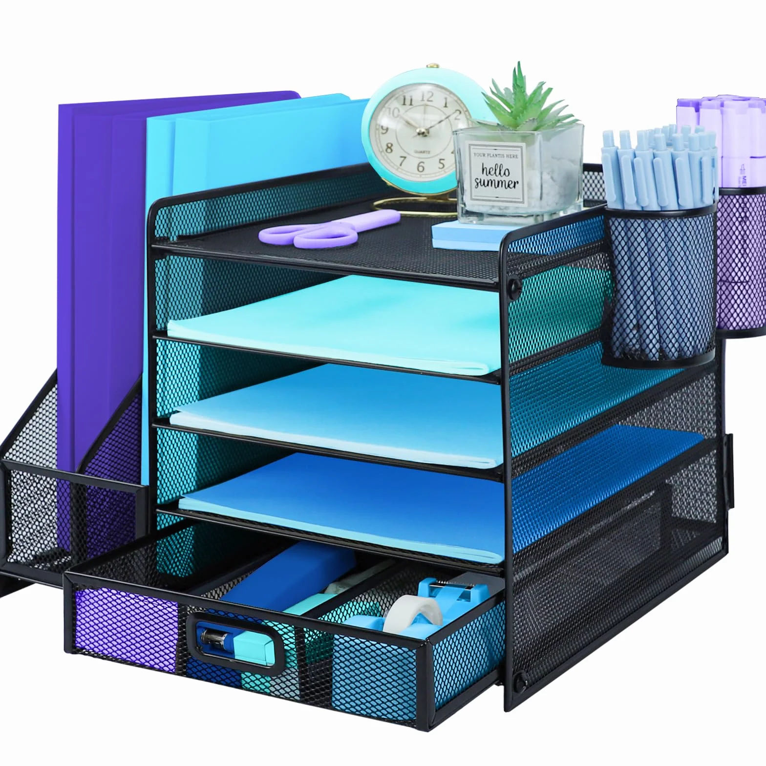 Organisateur de bureau noir avec porte-documents, porte-stylos et bac à lettres 5 niveaux