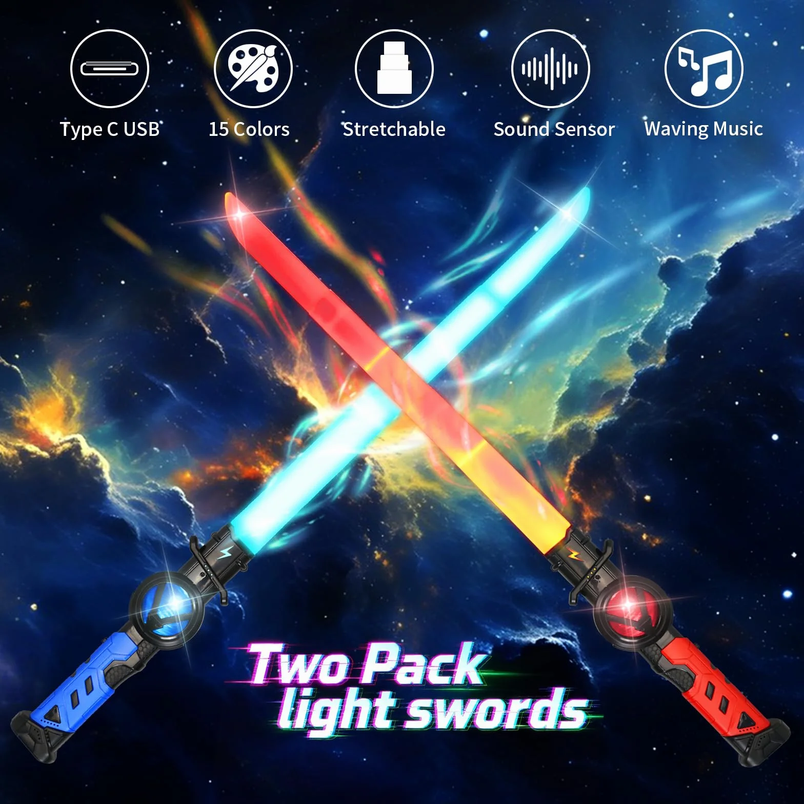 Sabre Laser Enfants 2 Pièces Télescopique LED Rechargeable Bleu Rouge 15 Couleurs Halloween Noël Cosplay