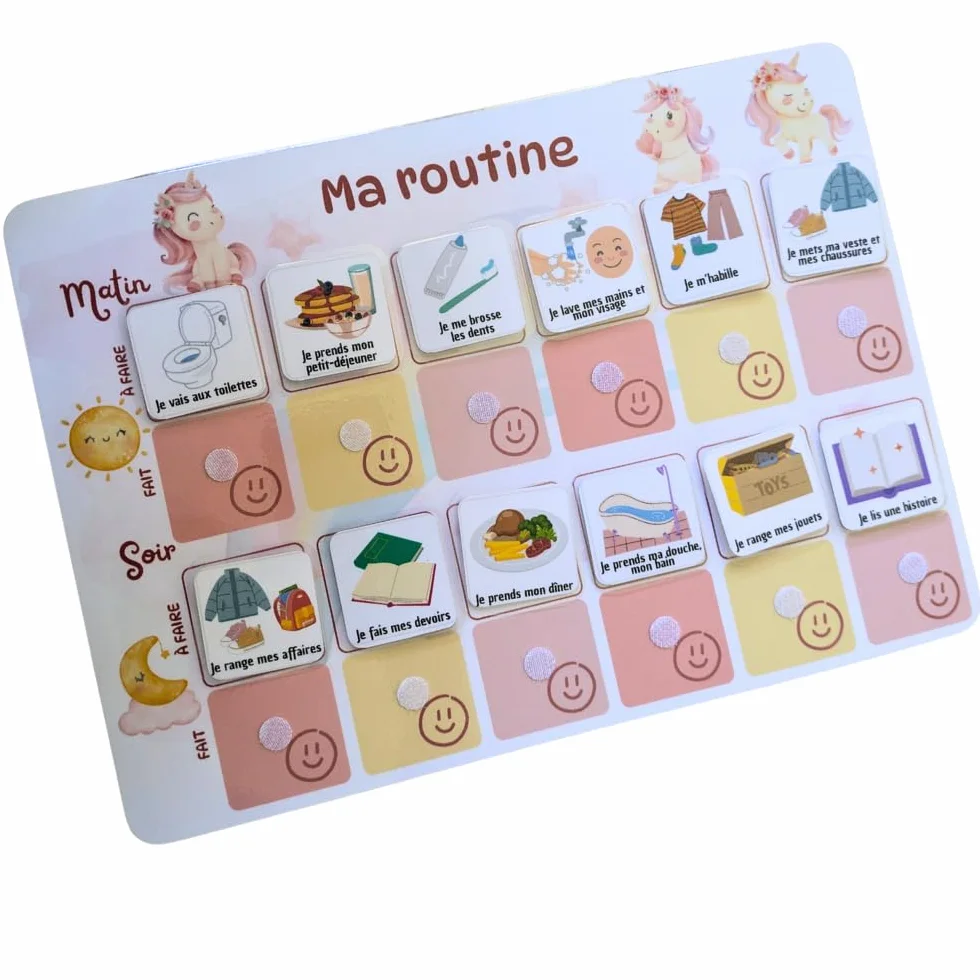 Licorne Tableau routine enfant Planning matin soir Calendrier tâches rituels 30 étiquettes