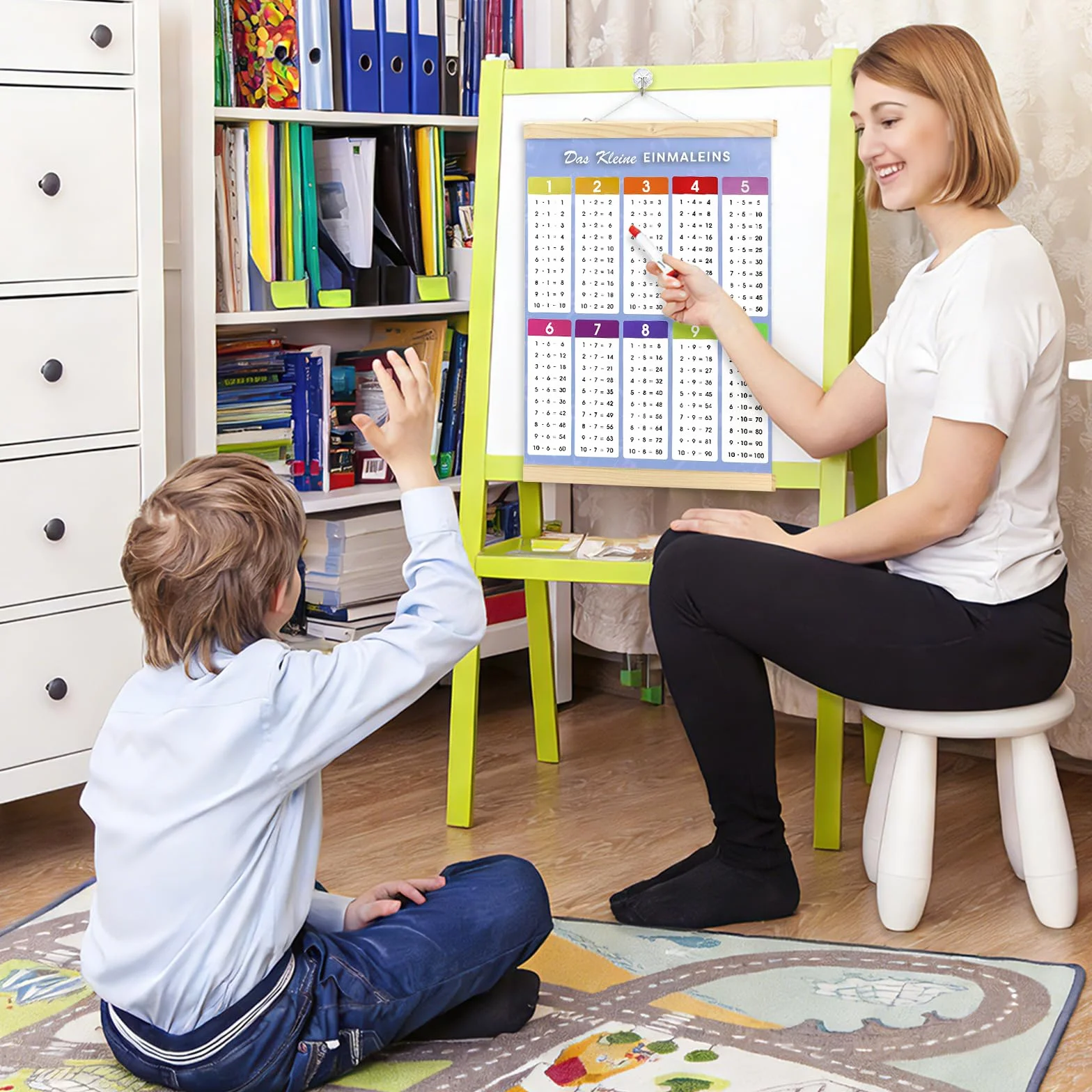 Affiche Éducative Table de Multiplication 1x1 jusqu'à 100 44x30 cm Imperméable avec Bagettes Bois