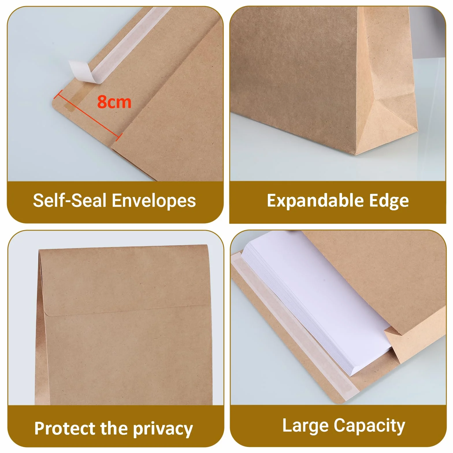 Enveloppes à soufflet extensibles kraft auto-adhésives 23,9 x 33,5 cm Lot de 50 pour documents magazines photos