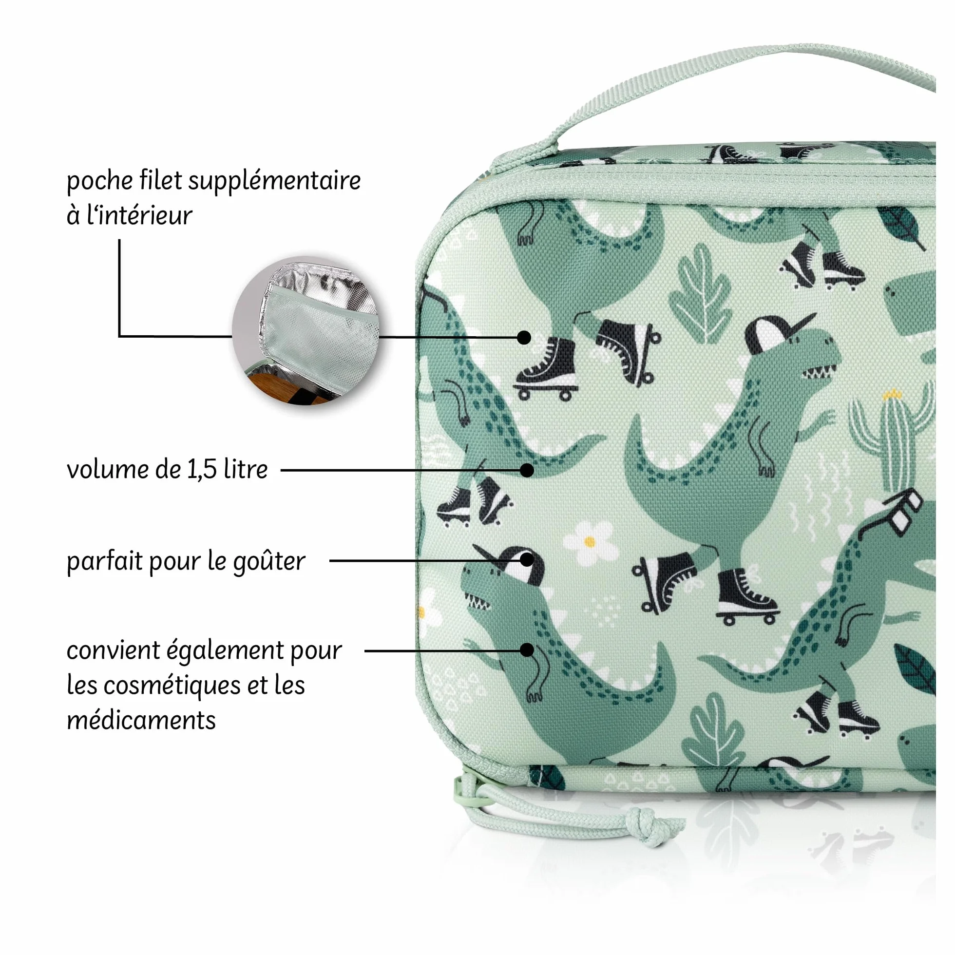 Sac Isotherme Repas Enfant Vert Dinosaure 21,5 x 14,5 x 6,5 cm