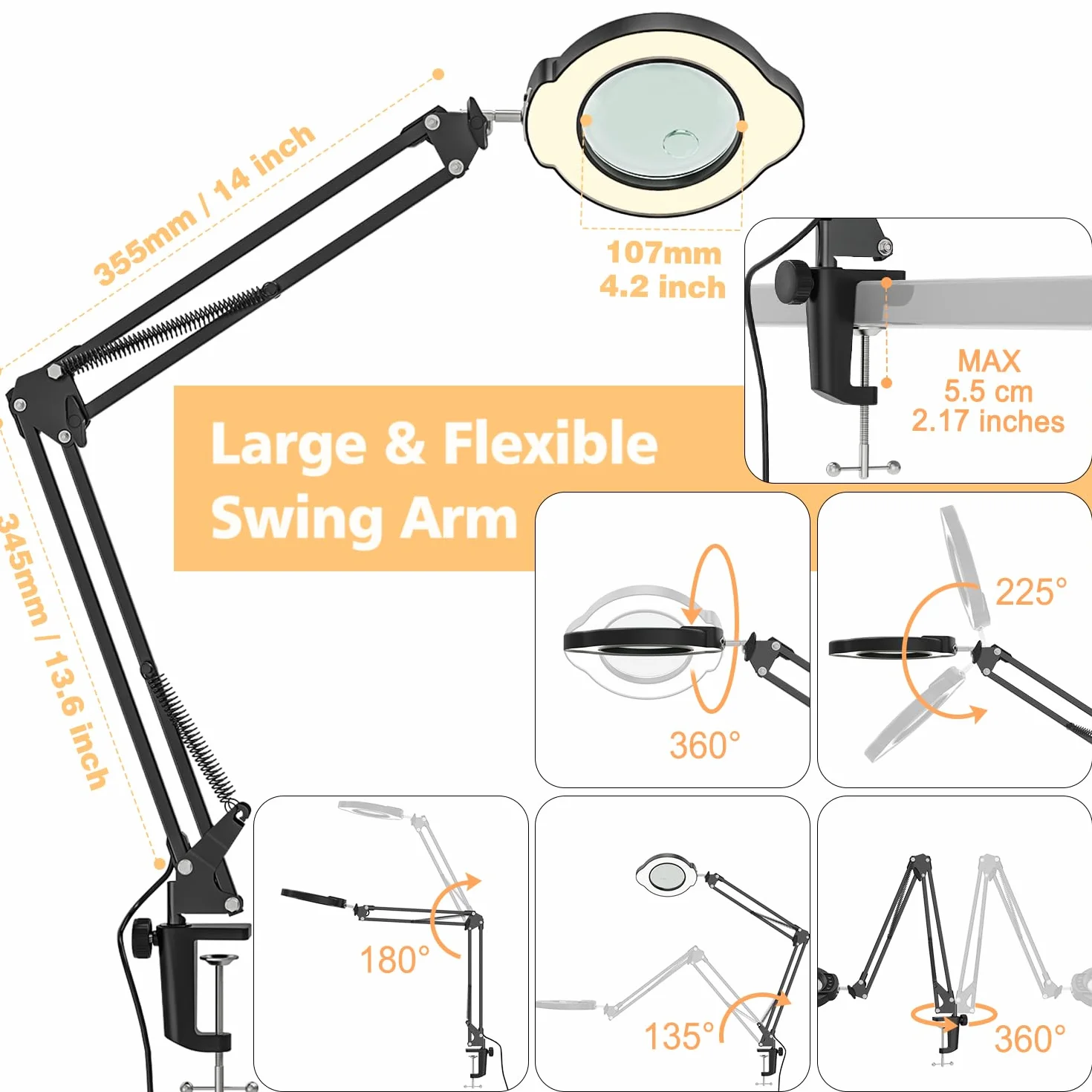 Lampe de Bureau Loupe 15X 10X LED avec Pince et Bras Pivotant, 5 Modes de Couleurs Réglables