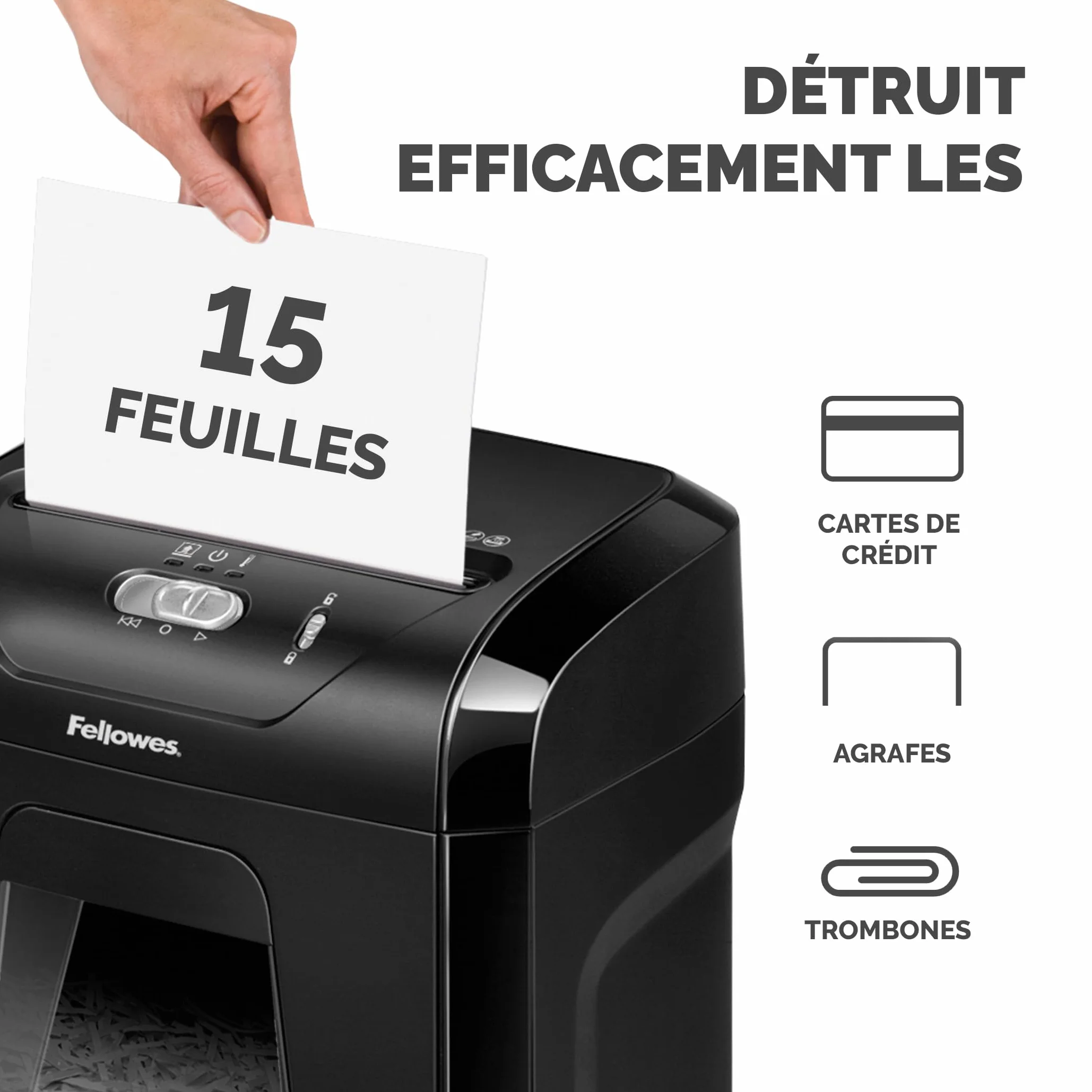 Fellowes FS-15C Destructeur de Documents Coupe Croisée 15 Feuilles P4 Bac 19L Noir