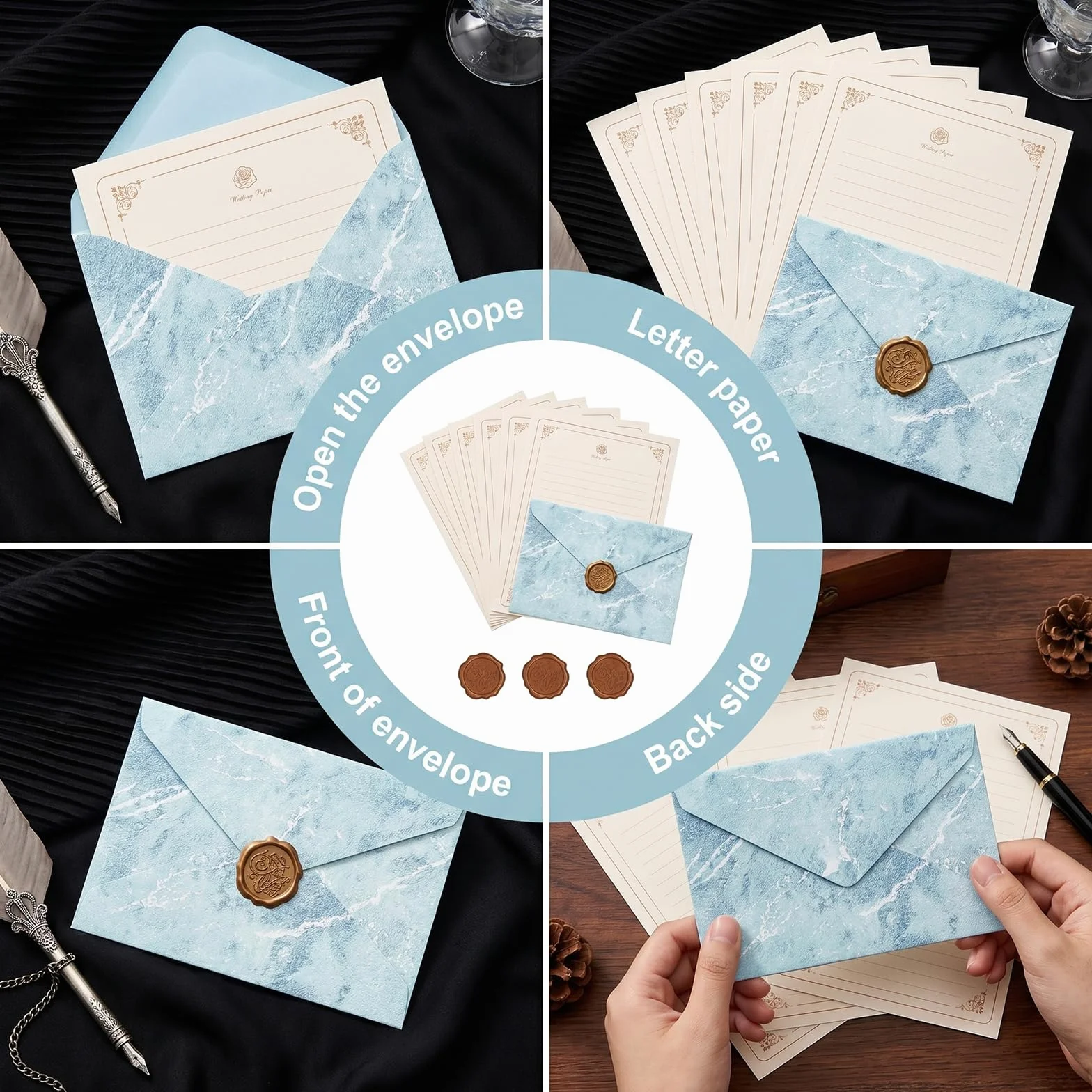 Ensemble de Papeterie Vintage avec Papier à Lettre, Enveloppes, et Autocollants Sceau de Cire