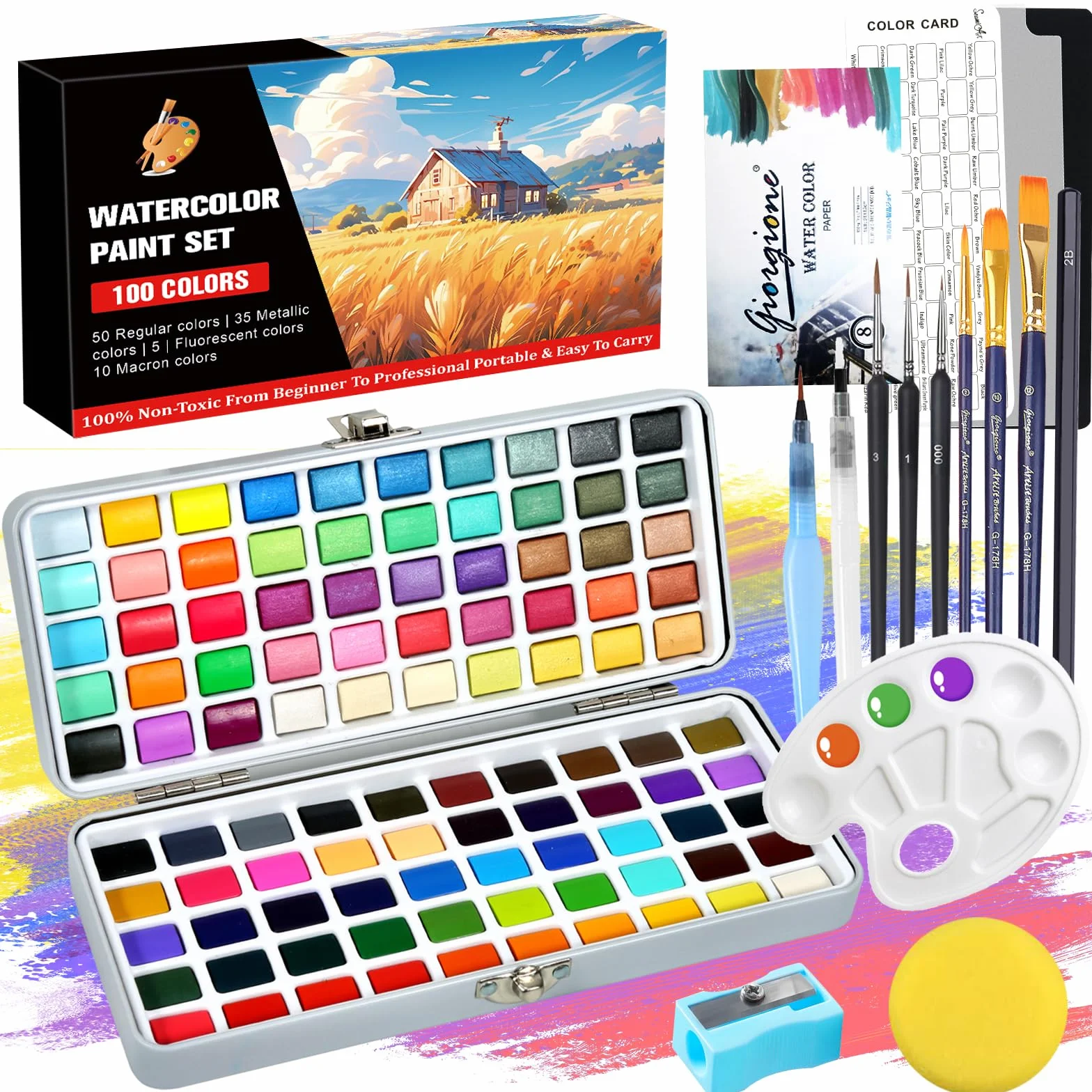 UCAMP Ensemble de Peinture Aquarelle 100 Couleurs Portable avec Pinceau et Papier
