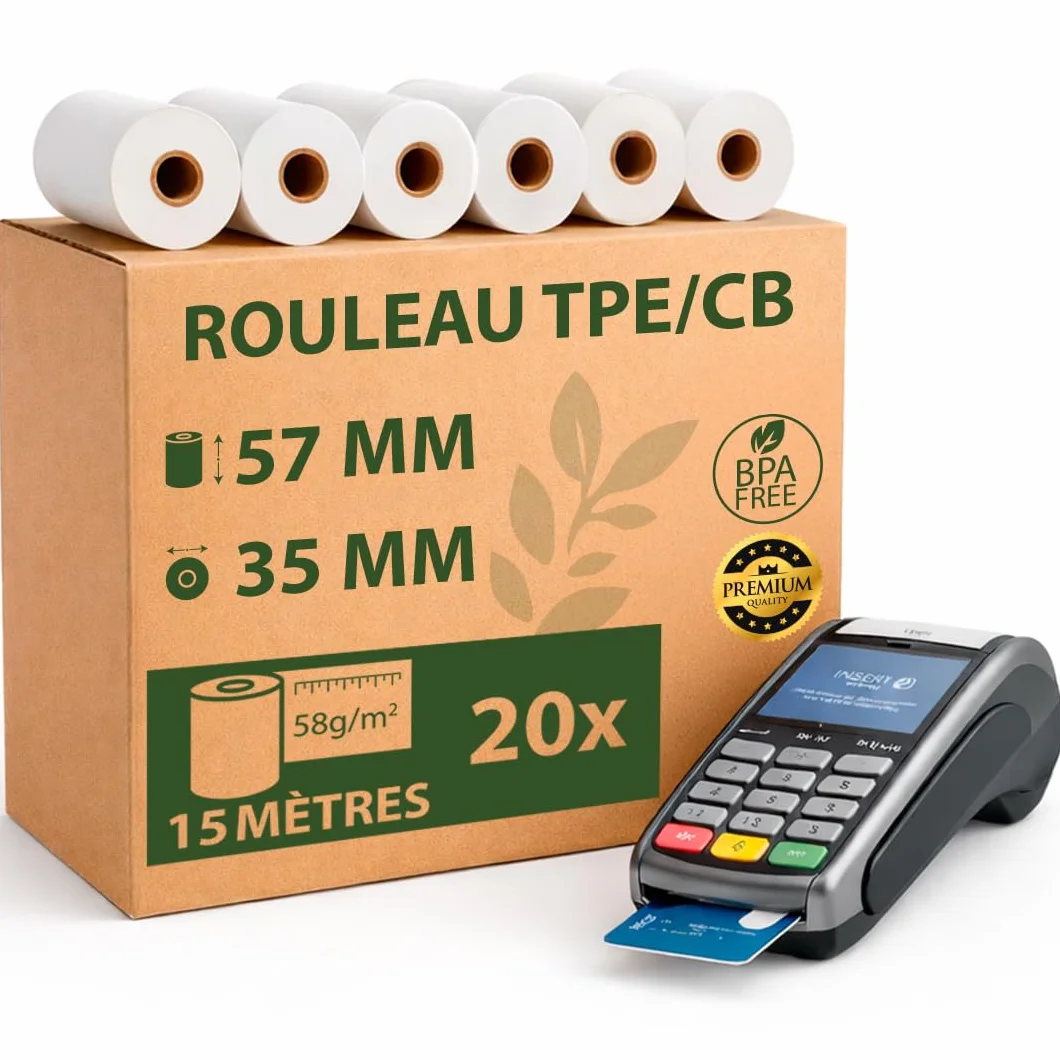 Papier Thermique pour Carte Bancaire Rouleaux TPE/CB 57x35 15m Lot de 20 Sans BPA