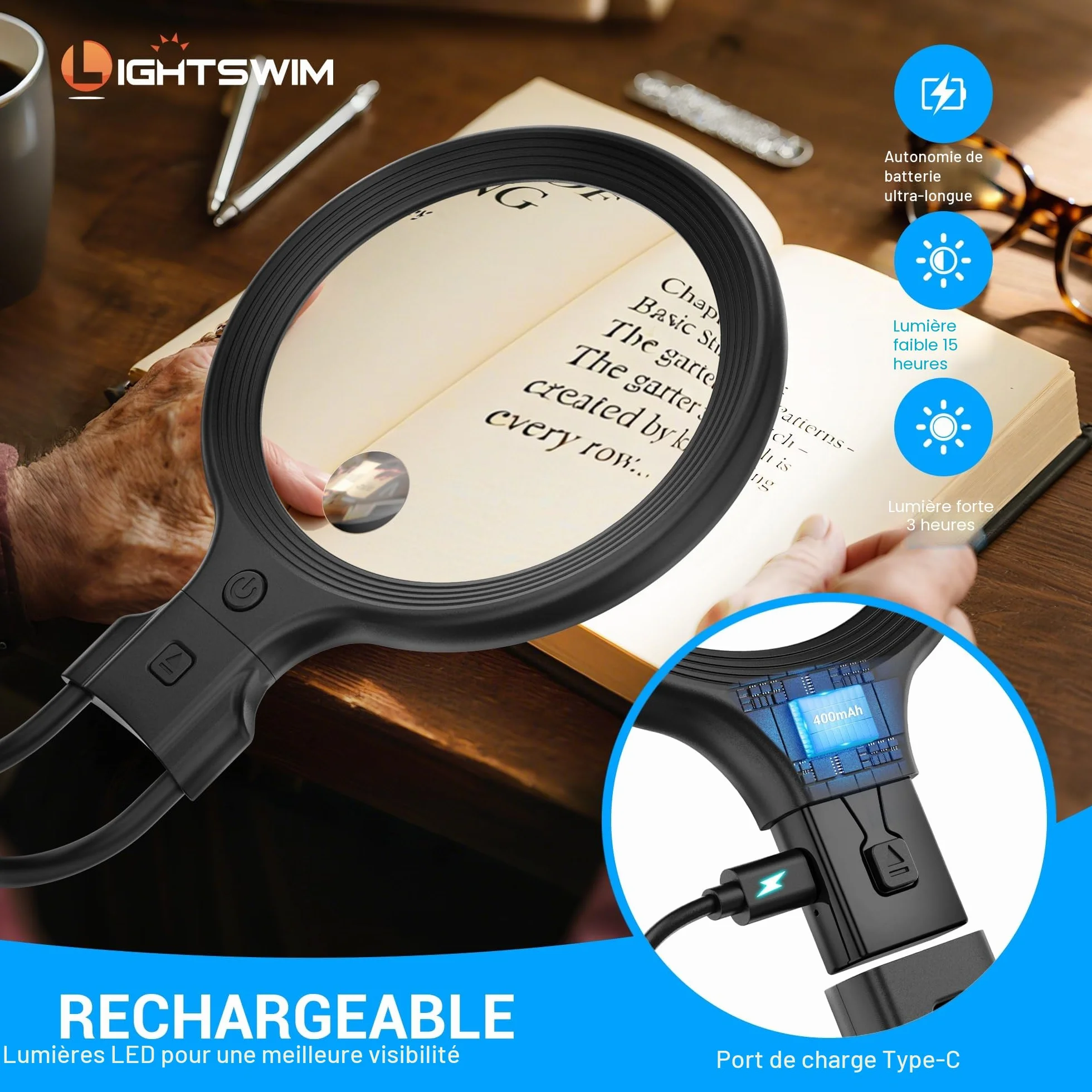 Loupe de cou 138 mm 5x avec lumière pour travaux rapprochés, comprend 2 lunettes grossissantes x10 avec étui