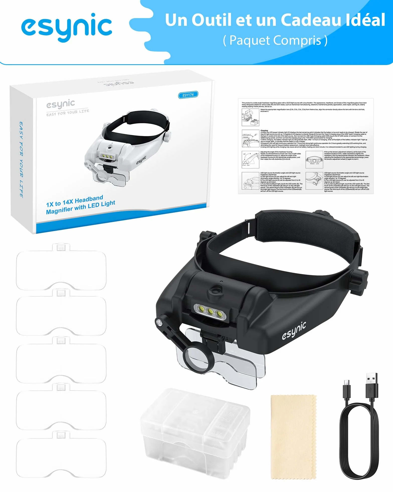 Loupe Frontale eSynic 1X-14X avec Lampe LED Rechargeable Type-C 5 Lentilles Amovibles Noir