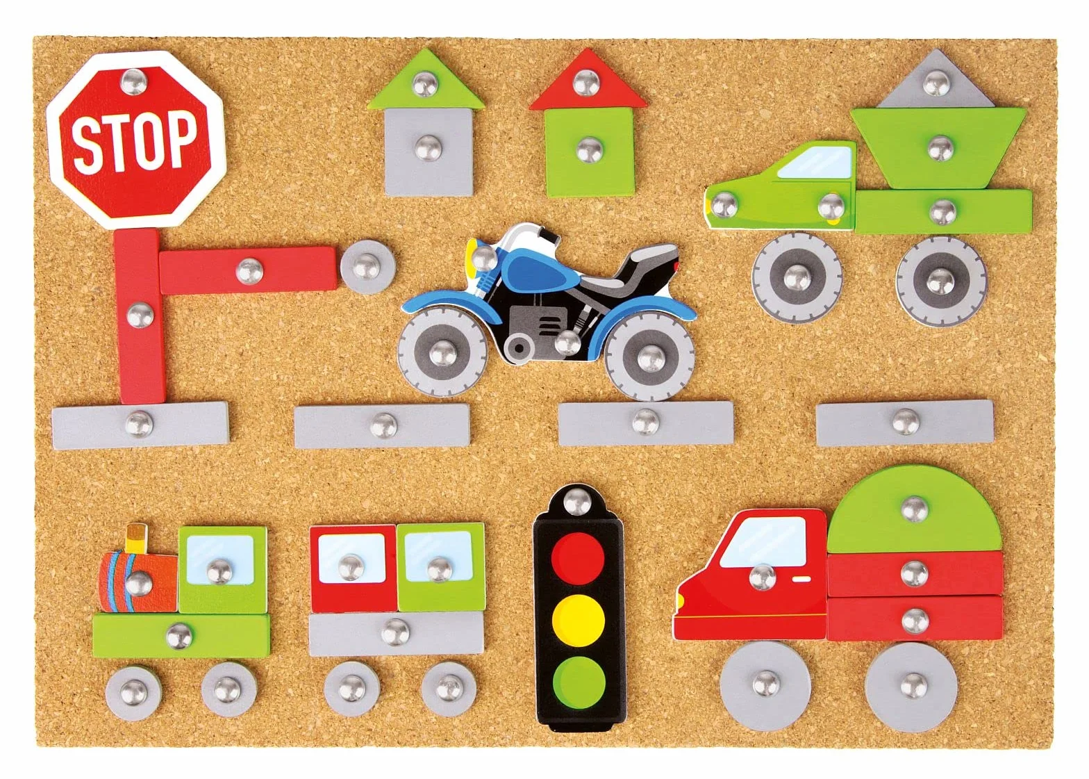 LENA Jeu de Marteau Véhicules 64 pièces Plaque de Base en liège 28x19,5x1,4 cm pour Enfants à partir de 3 Ans