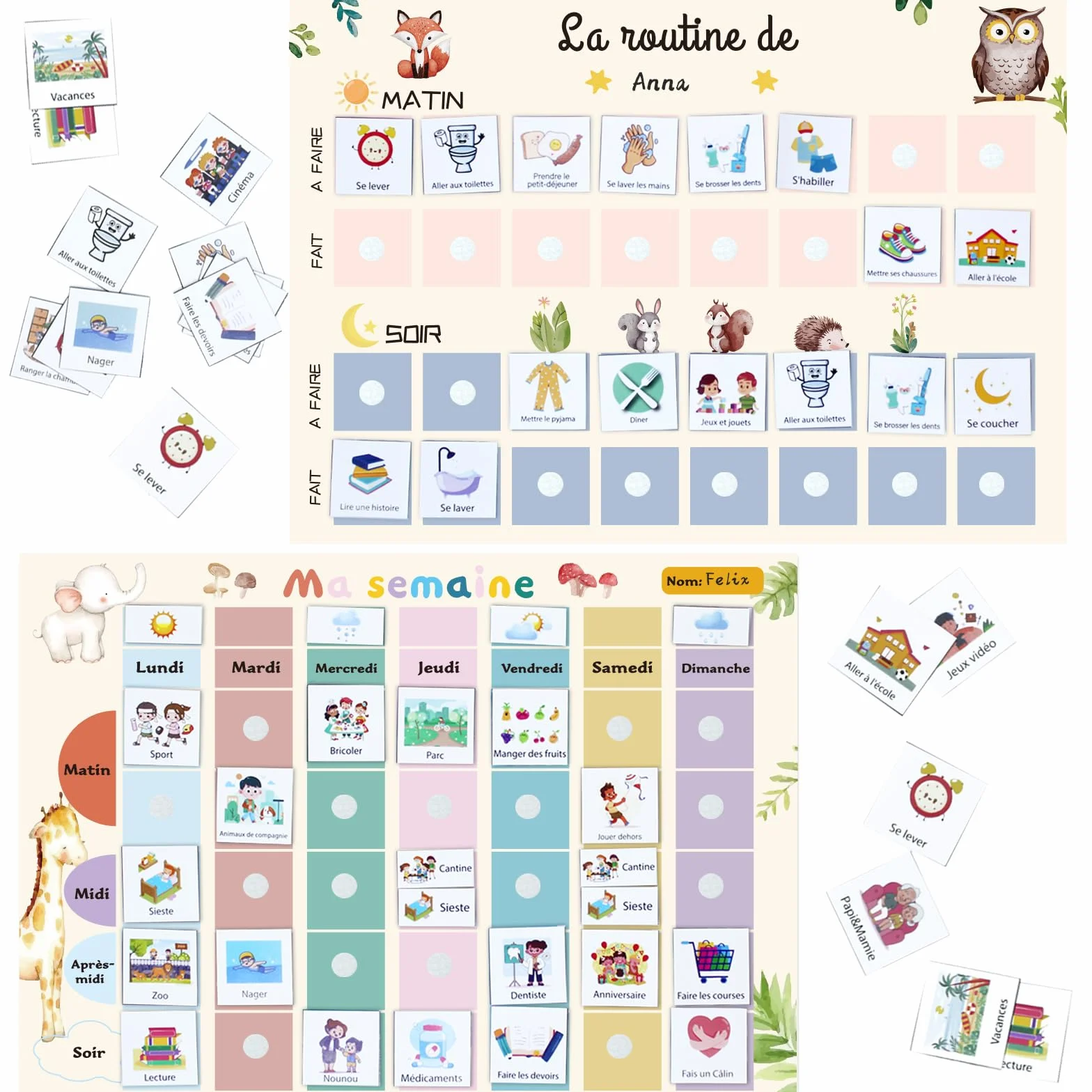 Planning Semaine Enfants 2pcs Tableau Routine Quotidienne 118pcs Français