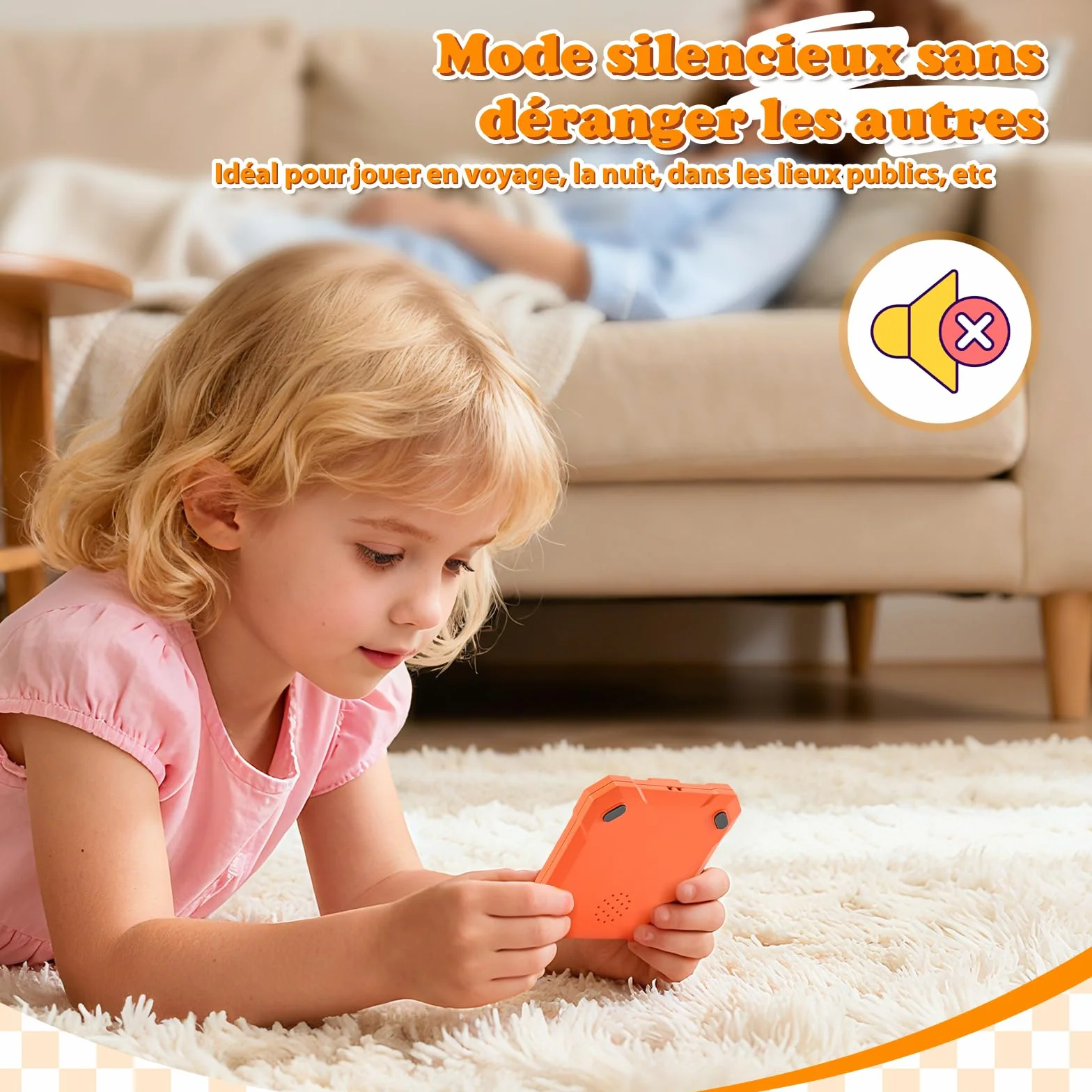 BlueSwan Morpion Électronique 6‑en‑1 Console de Jeu Portable Rechargeable avec Mode Silencieux Orange