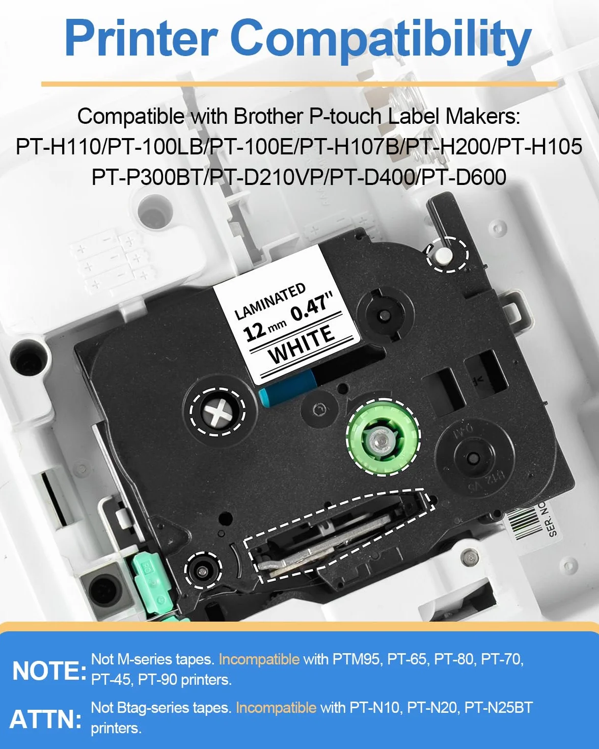 Ruban Compatible Brother P-touch TZe-231 12mm Noir sur Blanc, Pack de 5