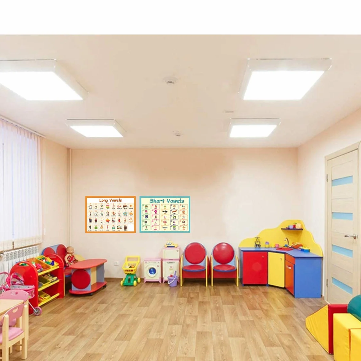 YIYEE 2 pcs Preschool English Poster for Toddlers Kids English Learning Wall Long & Short Vowel Charts 16"x 23.6" English Version