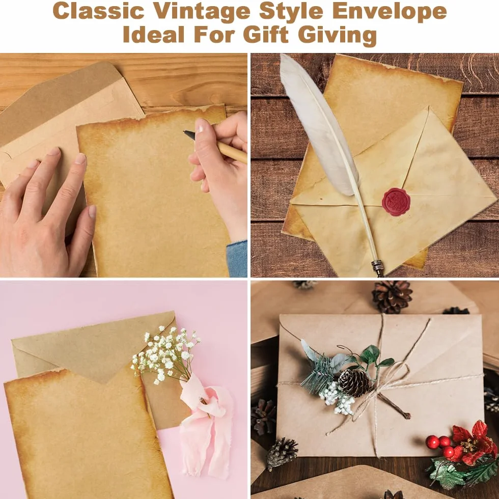 Ensemble De Papeterie Vintage 16 Papiers 10 Enveloppes Anciennes 10 Autocollants Sceau En Cire pour Mariages Invitations Cartes