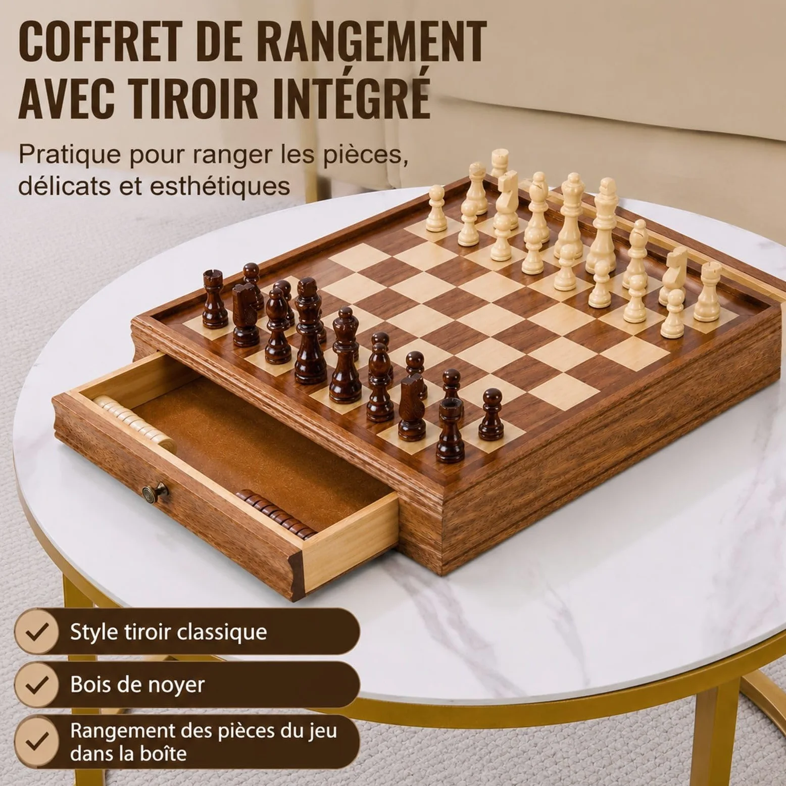 Jeu d'échecs et de Dames 2 en 1 en Bois avec tiroir de Rangement, pièces lestées et 2 Reines