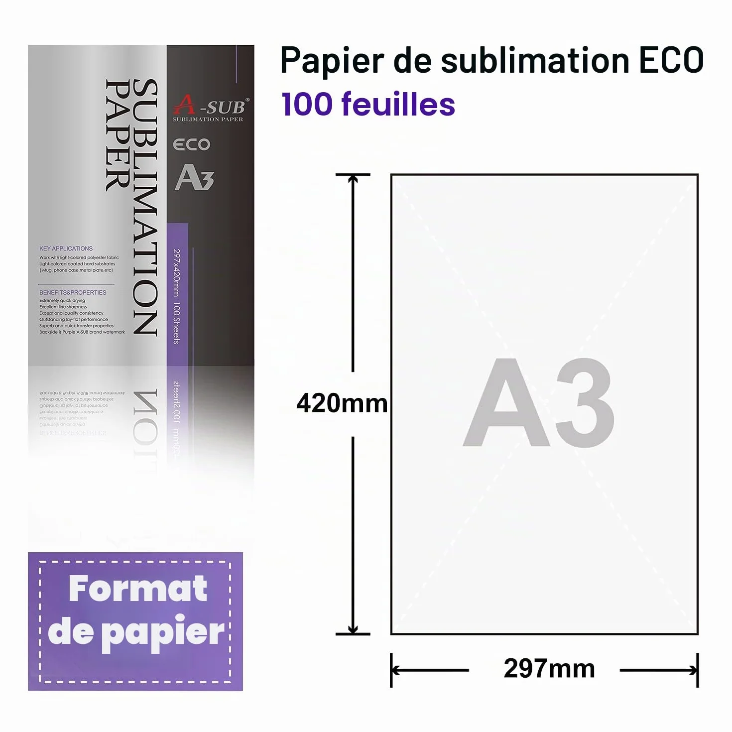 A-SUB Papier sublimation A3 297x420 mm 100 feuilles EPSON SAWGRASS RICOH BROTHER