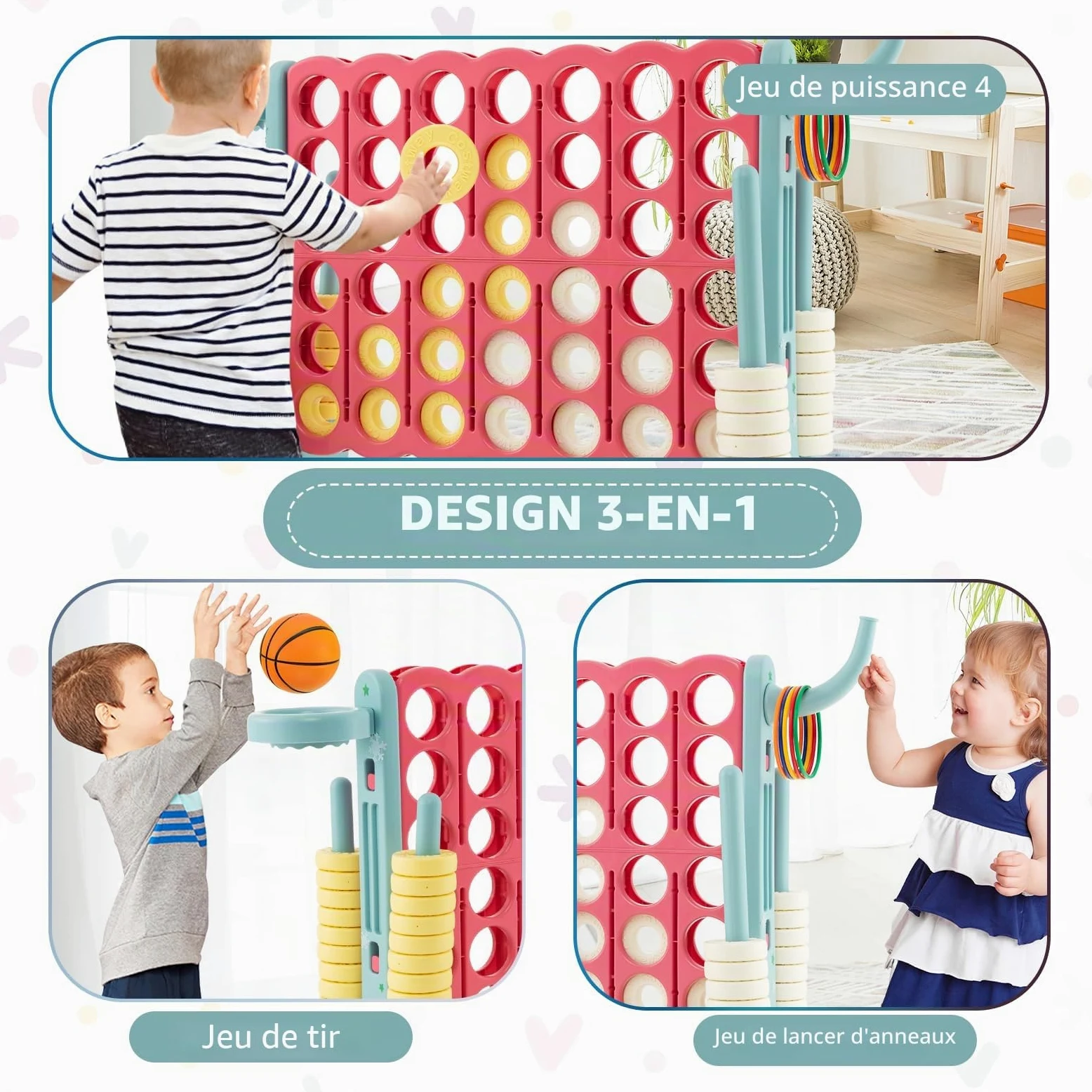 HOMASIS Jeu géant 4 Gagnants, Jeu 4 en 1 avec Panier de Basket & Lancer, Jeu de Stratégie avec 42 Anneaux, XXL Jeu de société Jouet pour Enfants & Adultes Extérieur
