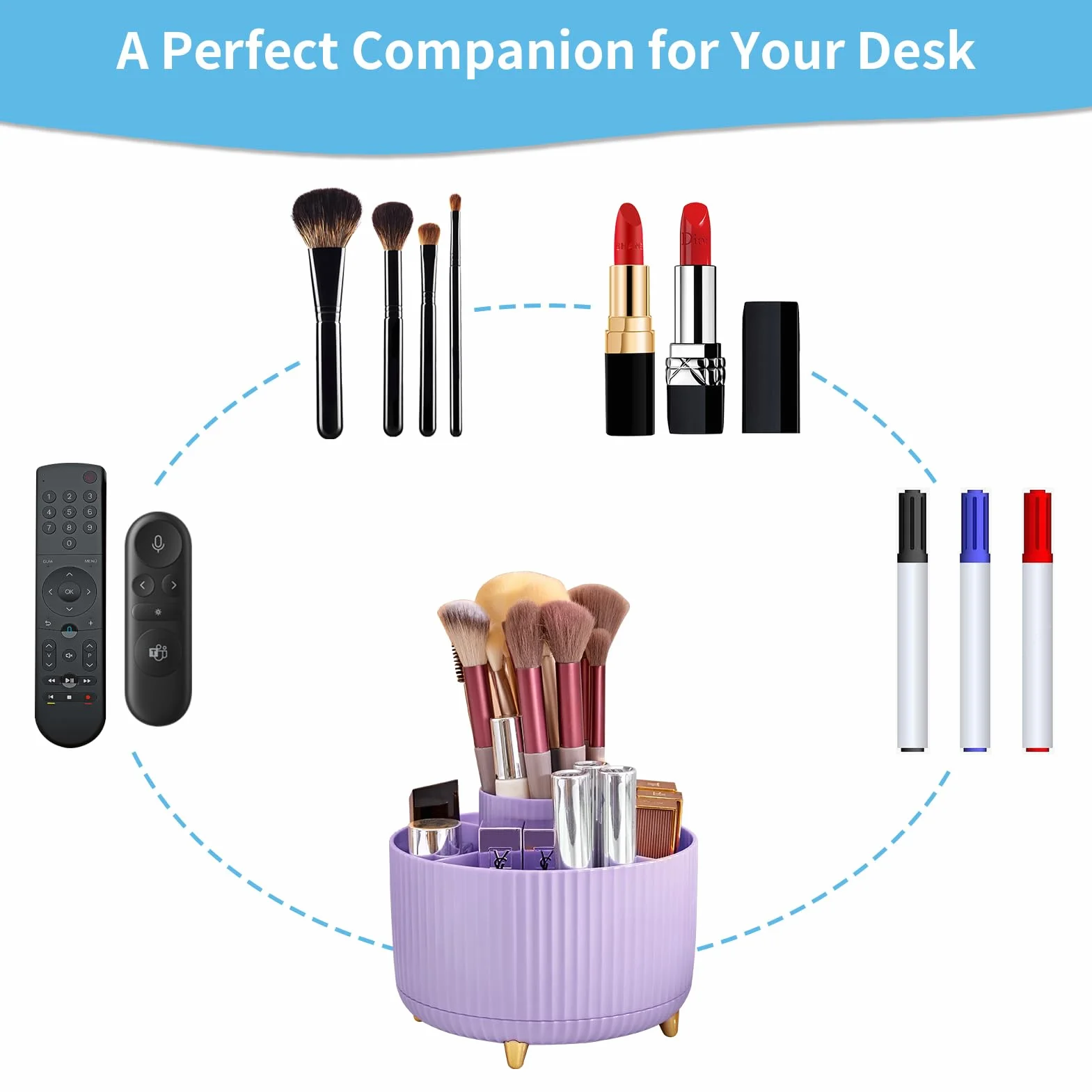 Marbrasse Organisateur de Bureau Rotatif 360 Degrés 5 Compartiments Porte-Crayons Rangement Violet