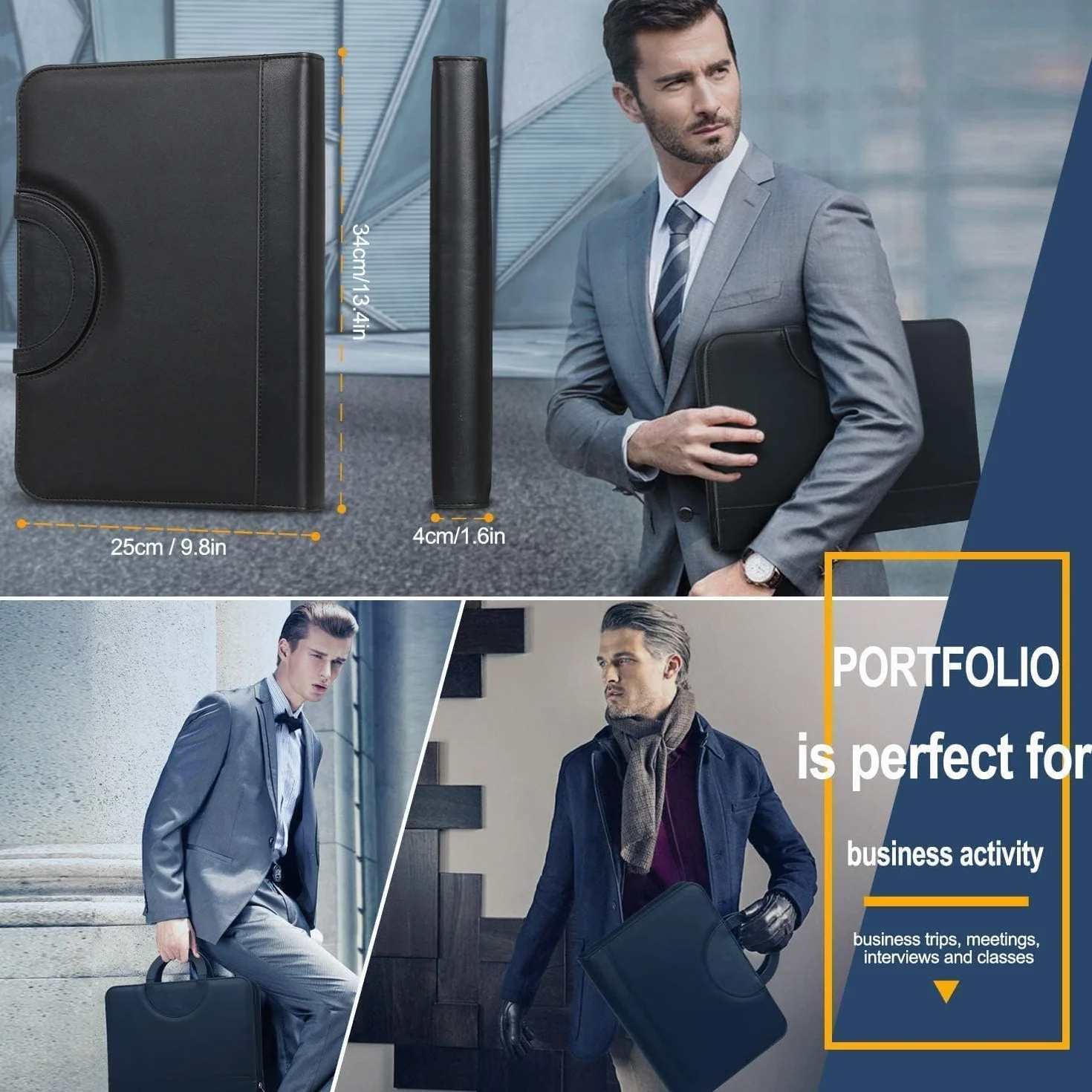 WONSEFOO Porte-documents A4 avec anneaux en cuir, grands compartiments, poignées magnétiques pliables, support tablette smartphone, 5 compartiments cartes
