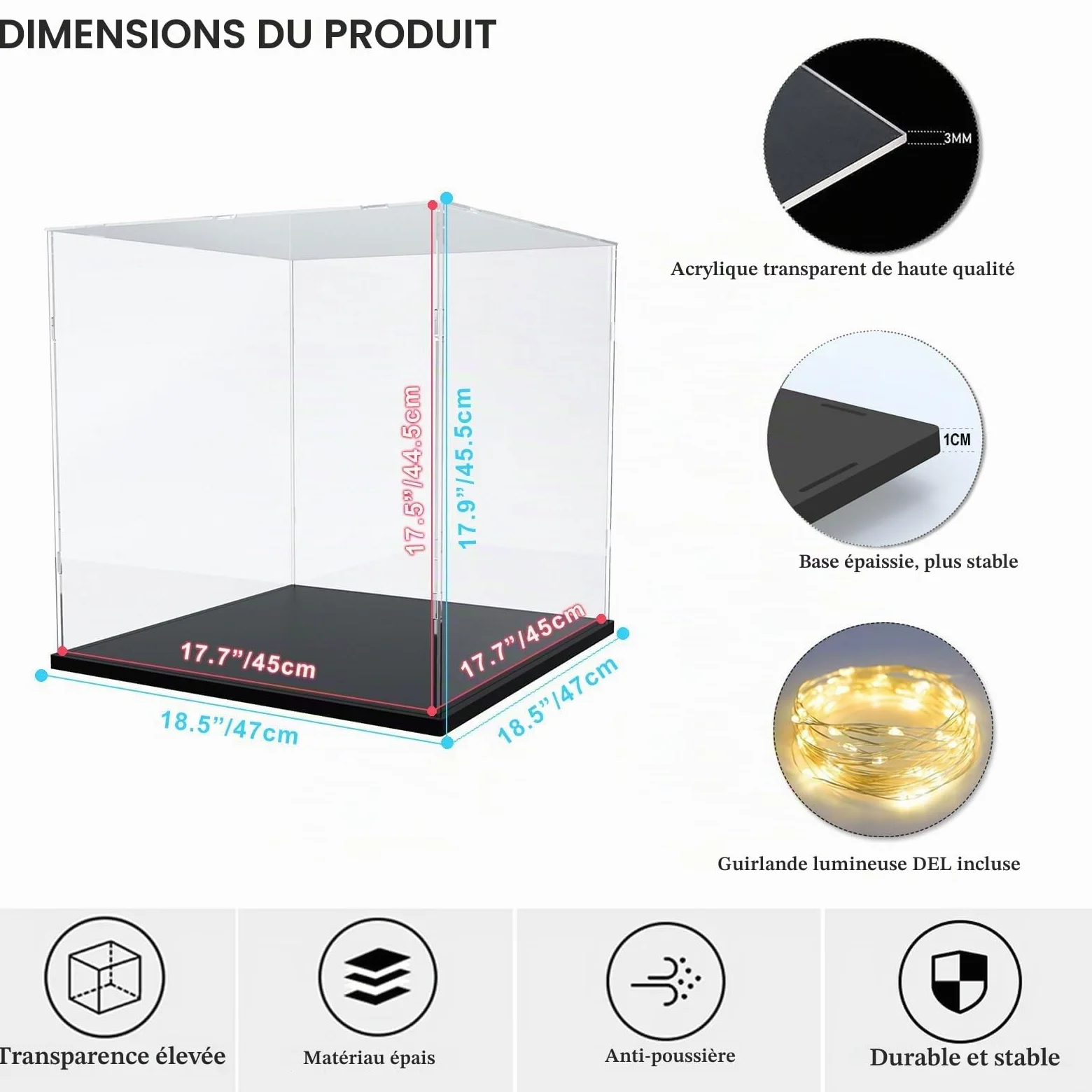Vitrine pour Collection, Vitrine Acrylique pour Figurine, Assembler Boîte Acrylique Transparente Rangement De Vitrine Antipoussière avec Base,17.7"x17.7"x17.5", Noir