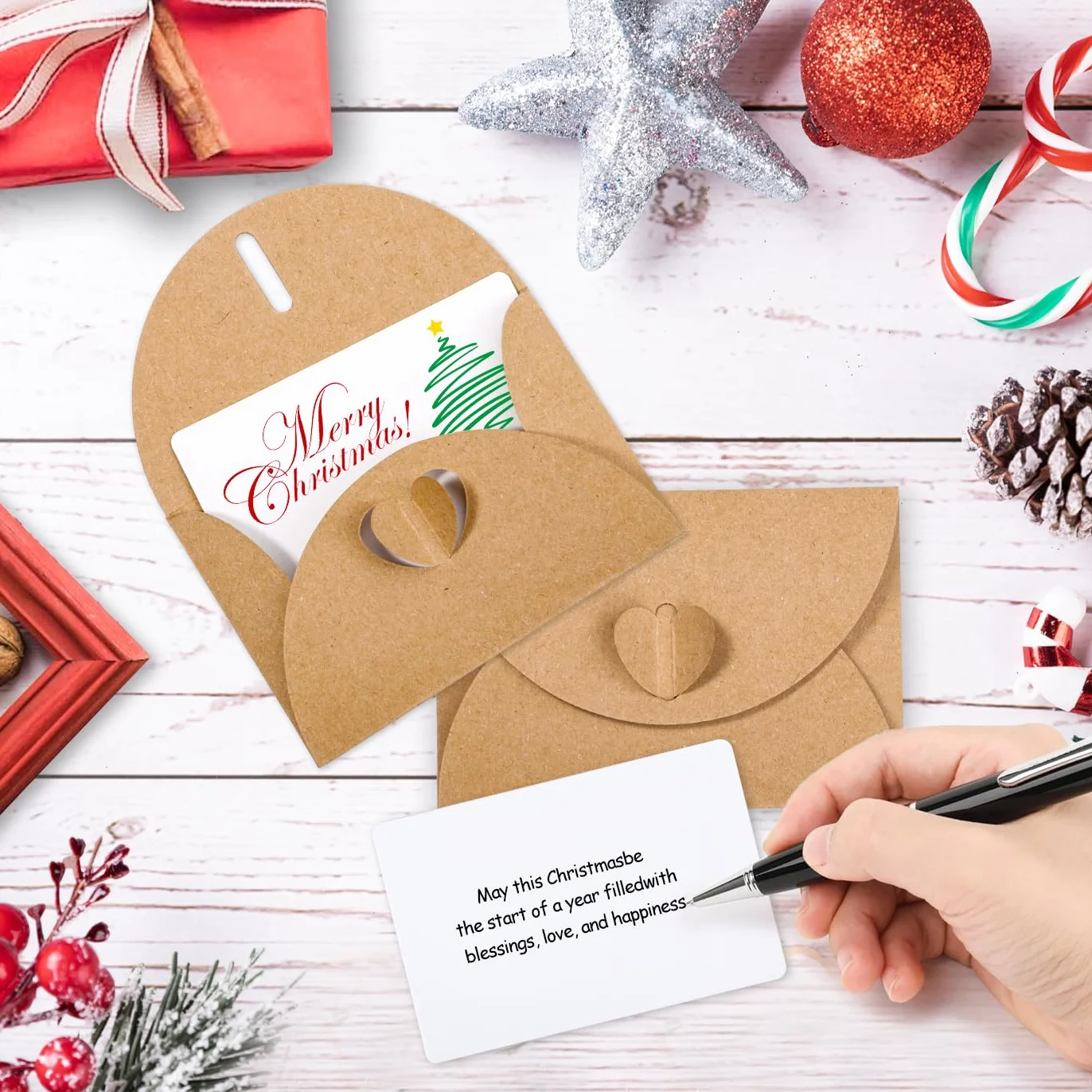 Enveloppes en papier kraft vintage avec fermeture cœur - Lot de 50 avec cartes vierges pour mariage, remerciement