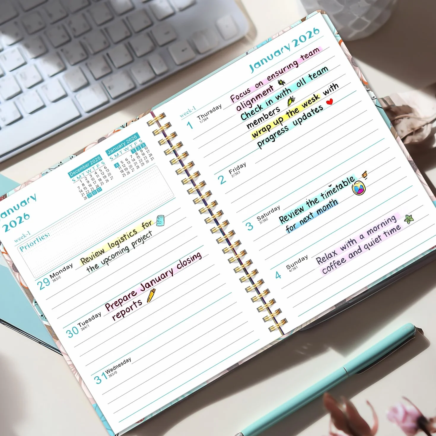 Agenda 2026 Semainier Mensuel Relié 15,8x21,7 cm Design Floral Organisateur avec Onglets Notes Autocollants Planificateur Productivité Bureau Études Maison