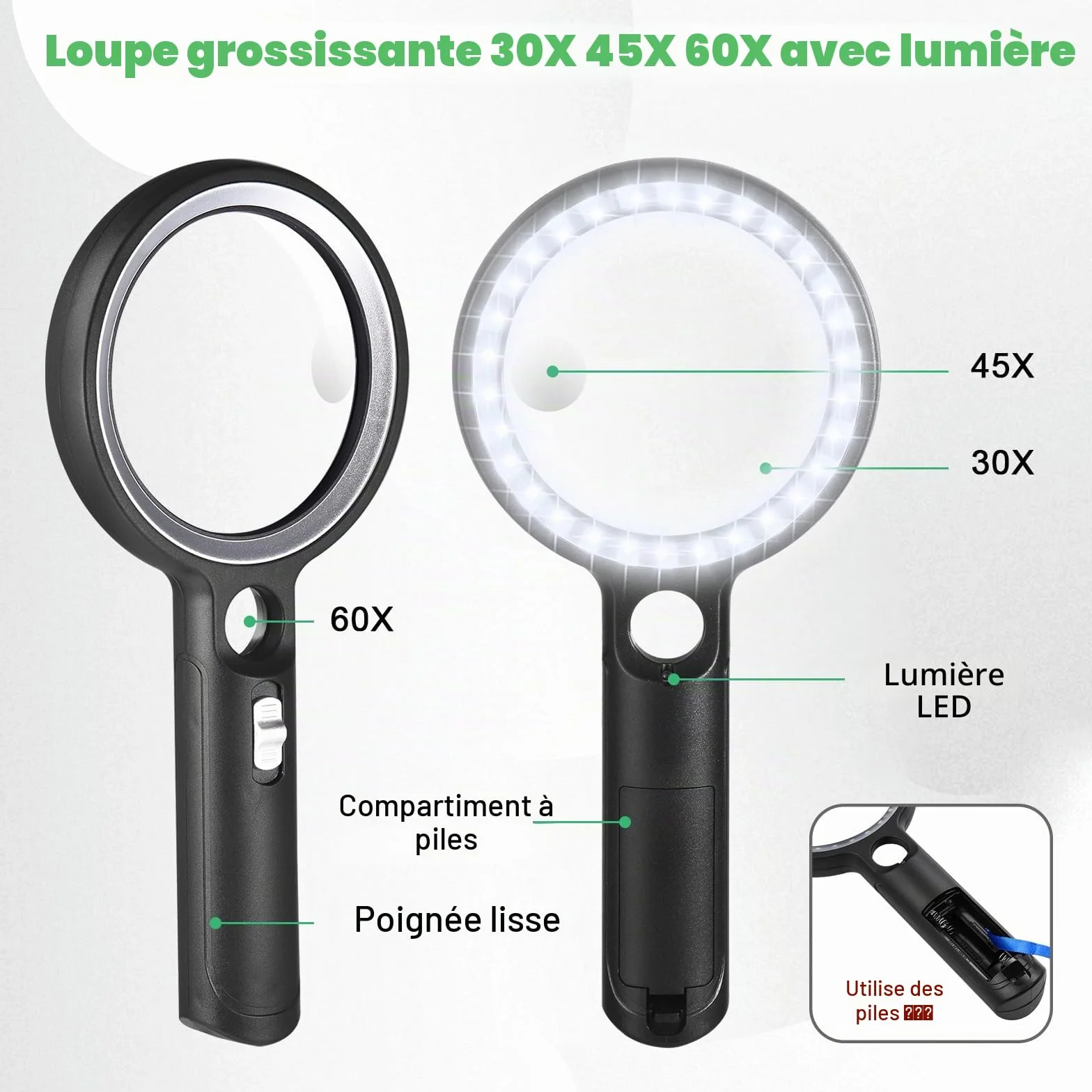 Loupe de Lecture 30X 45X 60X avec 30 Lumières LED, 2 Modes d'Éclairage pour Seniors, Malvoyant
