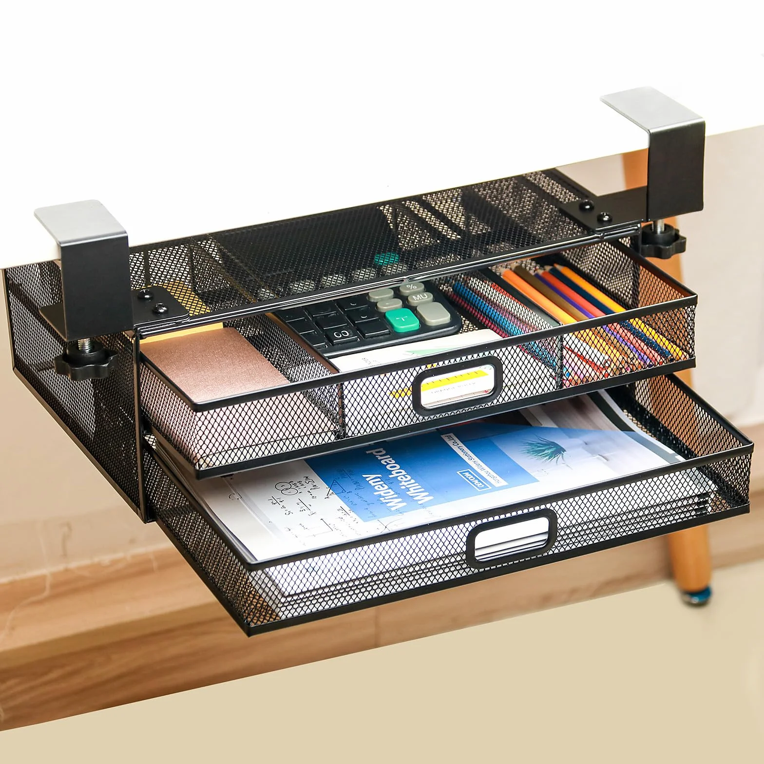 Tiroir sous bureau renforcé métal 2 tiroirs coulissants A4 organisateur rangement noir