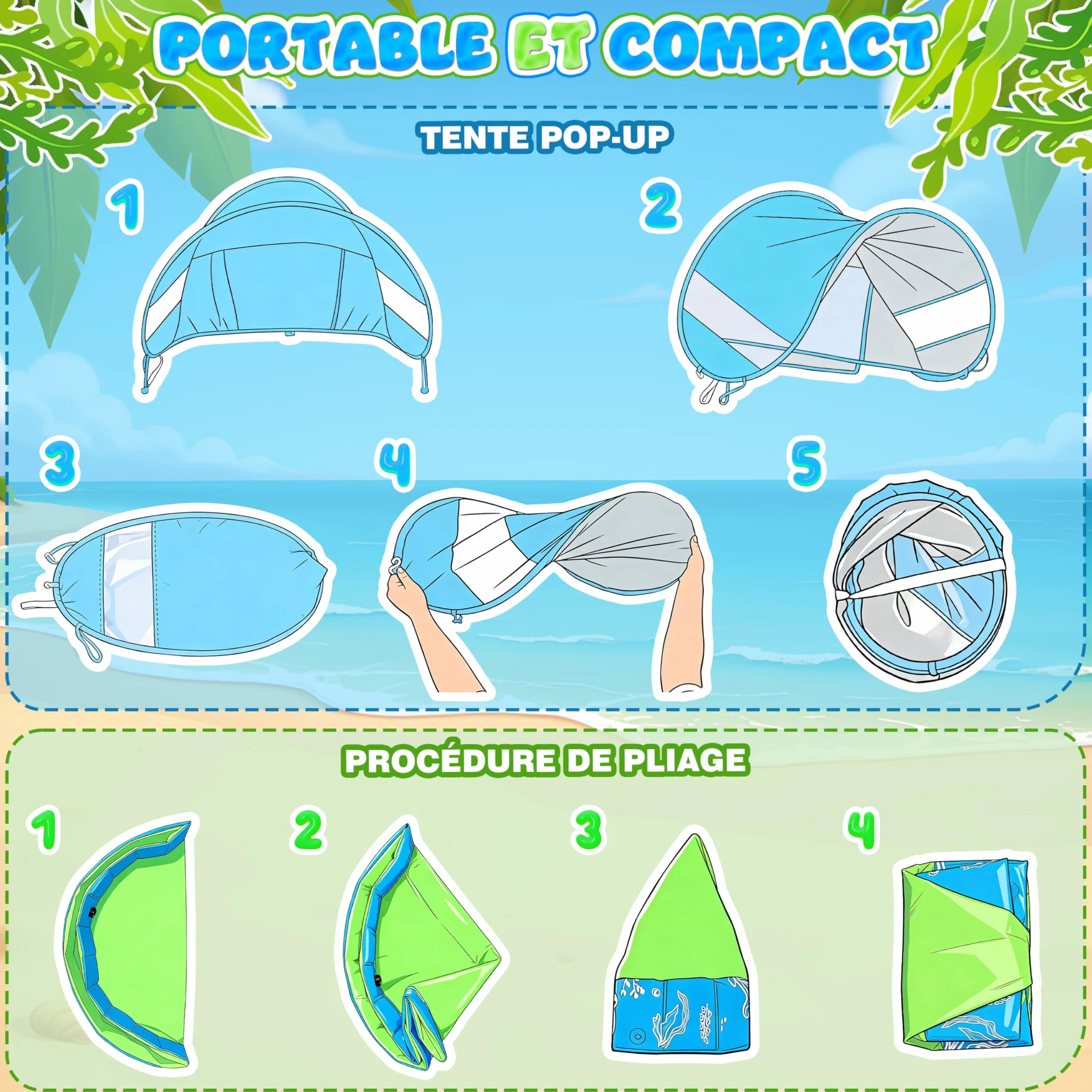Namiot Plażowy dla Dzieci 4w1 100x30 cm Anti UV SPF50+ z Moskitierą i Daszkiem