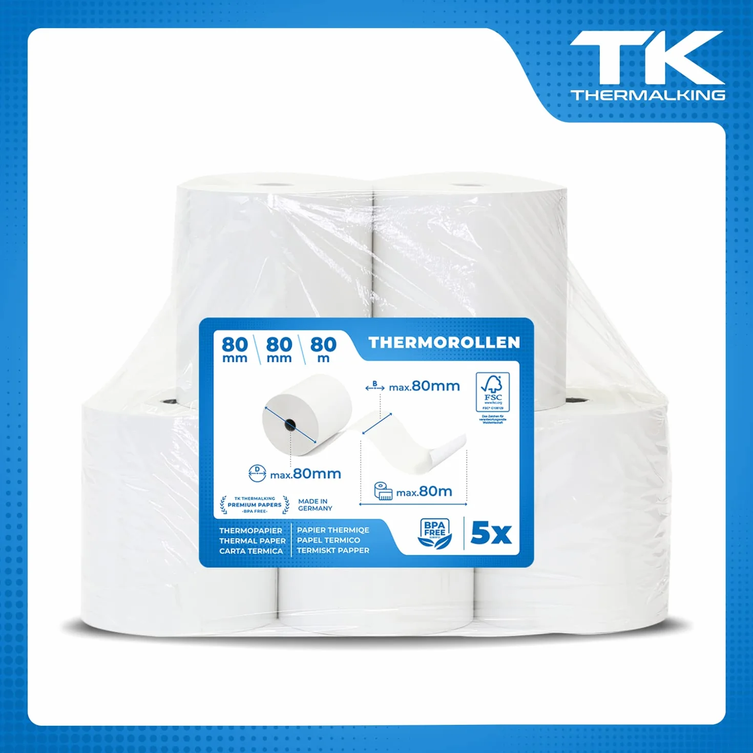 Rouleau Thermique 80x80x12 Sans BPA Bobine Thermique 80x80 pour Imprimante 80mm x 80m x 12mm 5x
