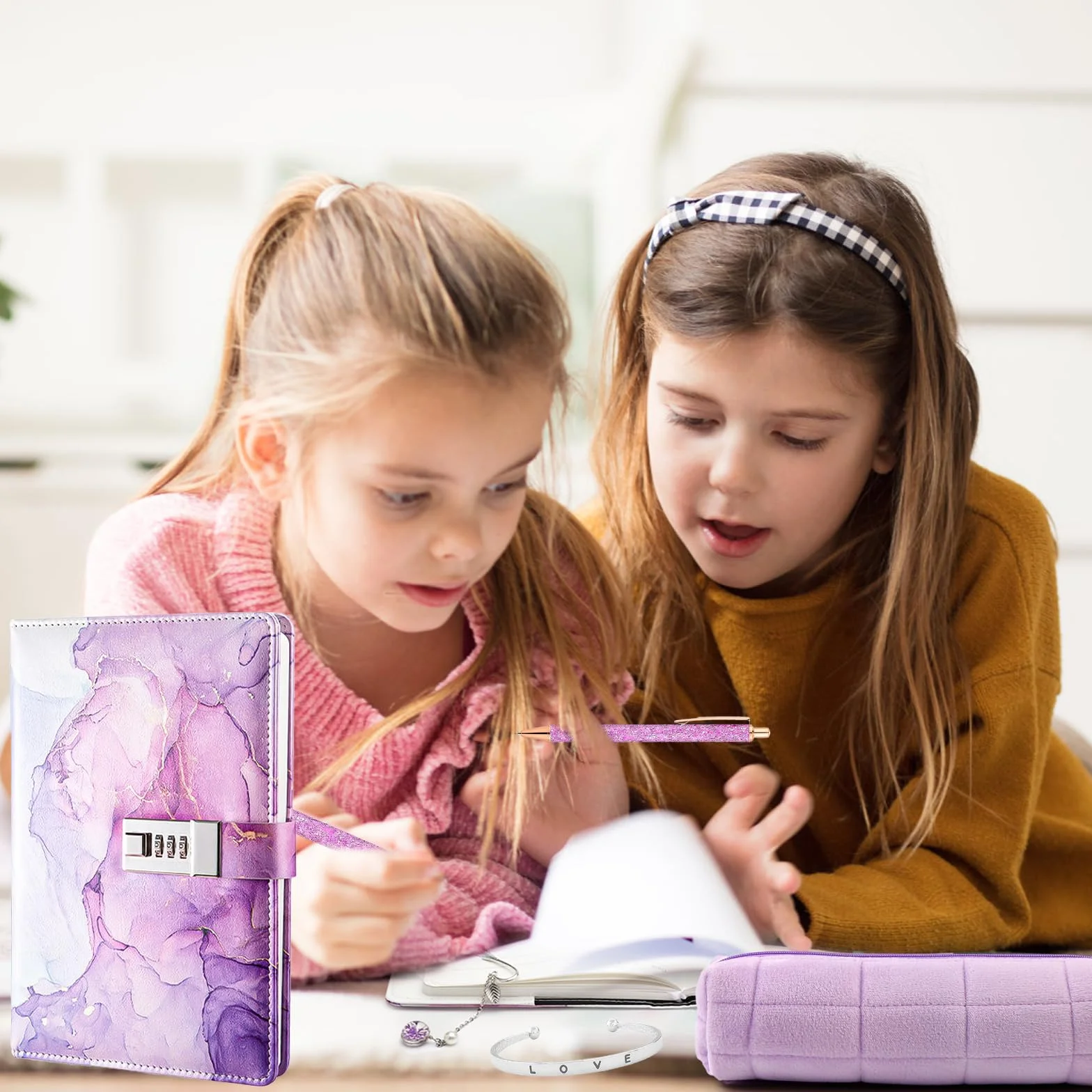 TNSLAND Set de Papeterie Violet, Journal Intime Fille avec Serrure, Cadeaux pour Filles 7-14 Ans