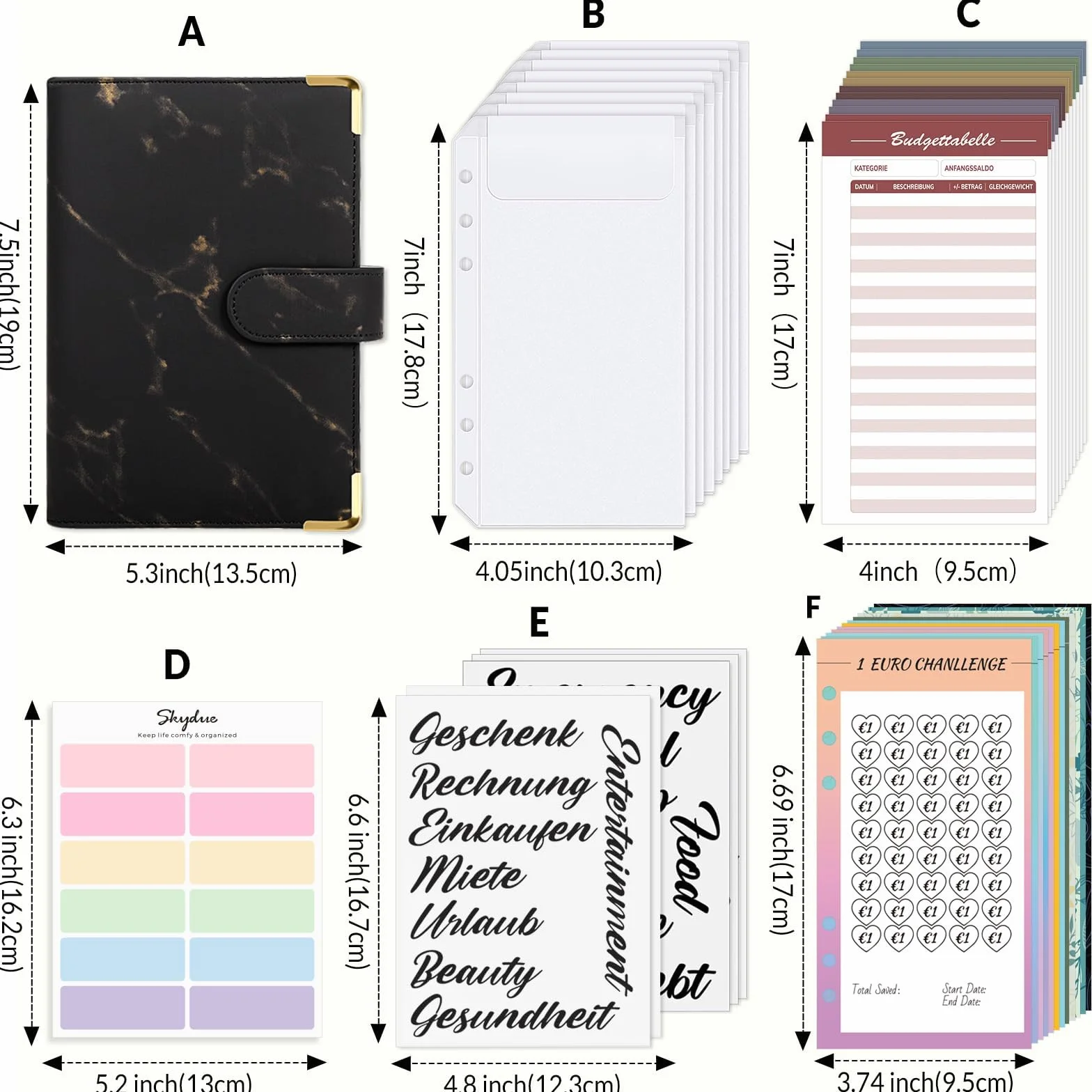 SKYDUEClasseur Budget A6, Enveloppe Budget, 12 Challenges Budgétisation, Pochette Budget Planner (Noir Marbré)