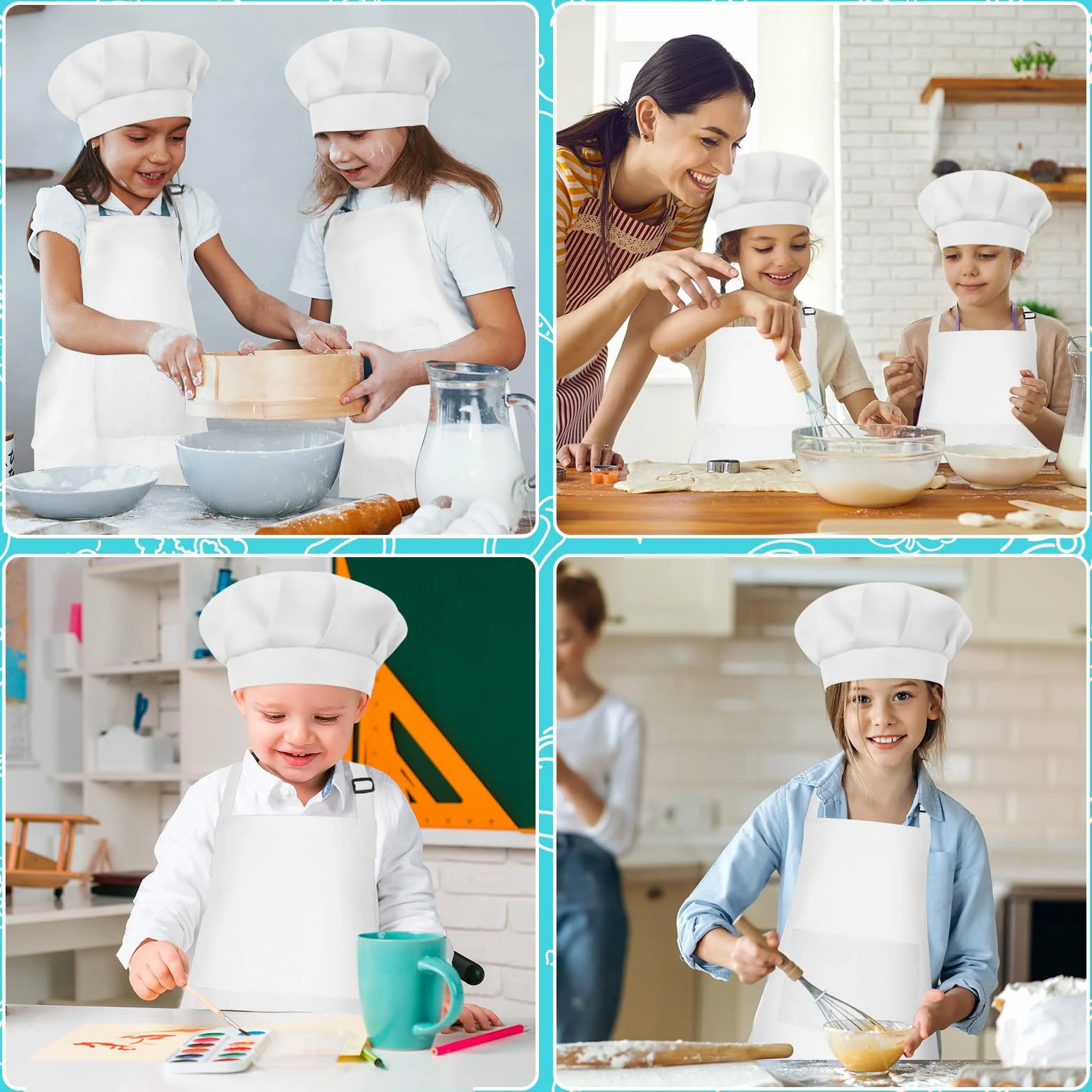 Ensemble tablier et toque de chef pour enfants - Tablier réglable avec 2 poches - Cuisine et pâtisserie