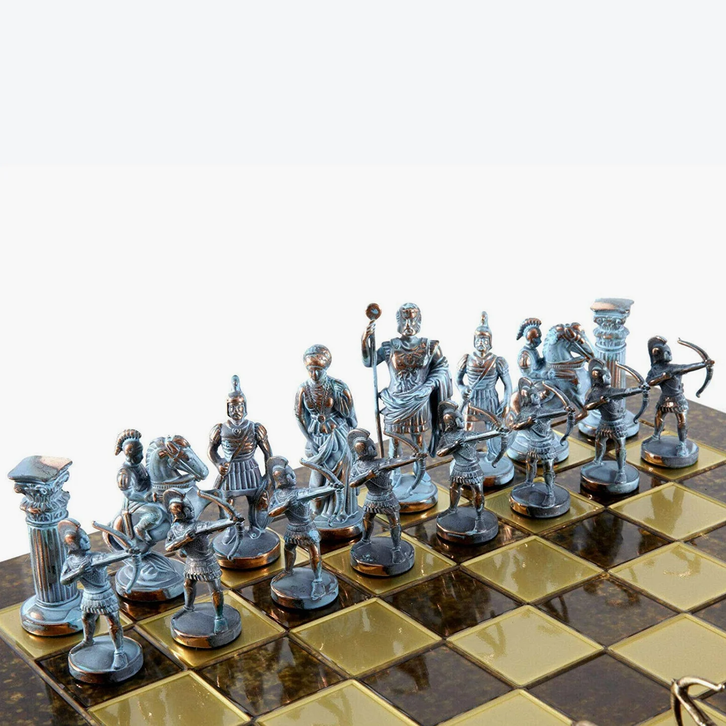 Manopoulos Archers Large Chess Set - Blue&Copper - Brown Chess Board