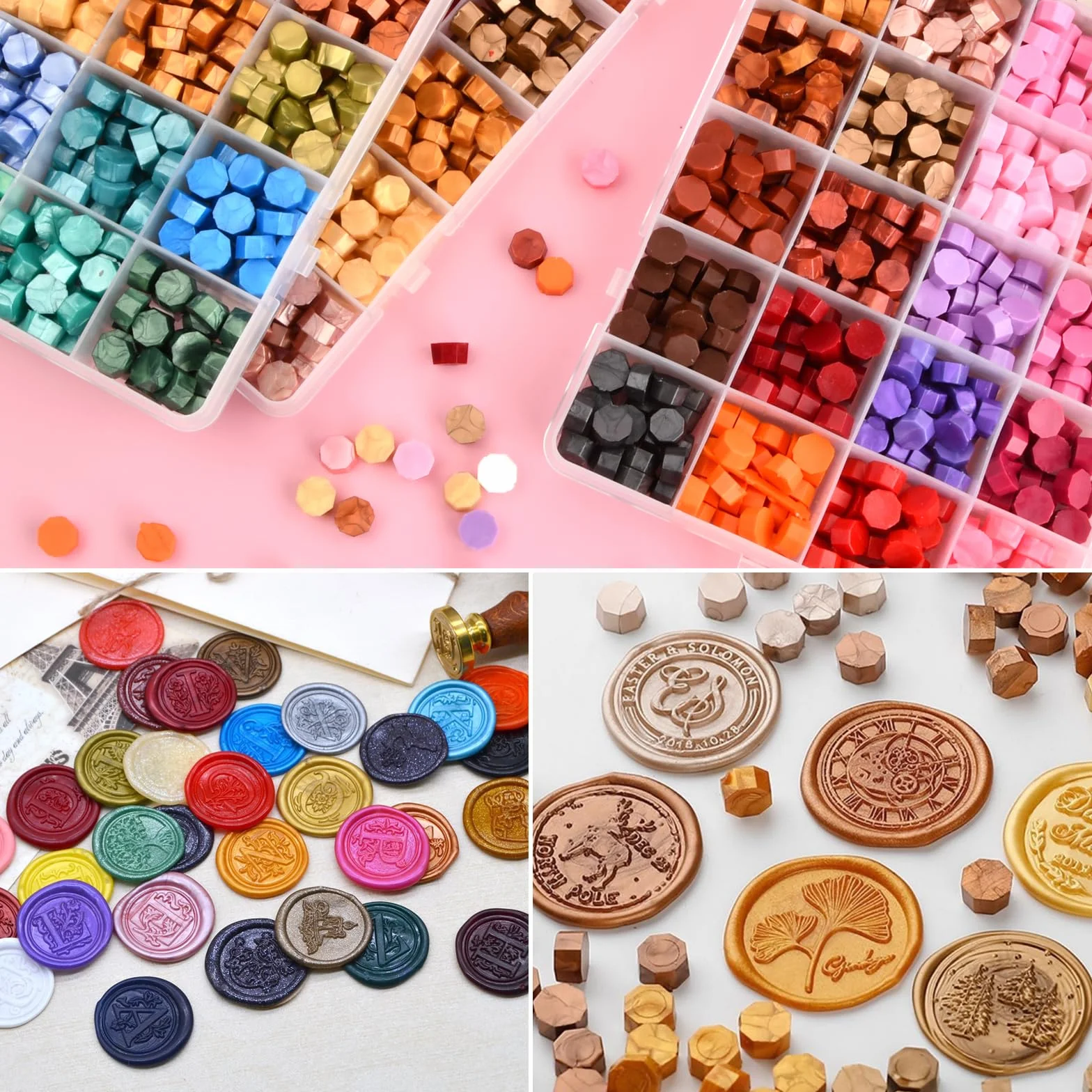 Kit de Perles de Cire à Cacheter Octogonale 600 Pcs, 24 Couleurs avec Boîte Transparente