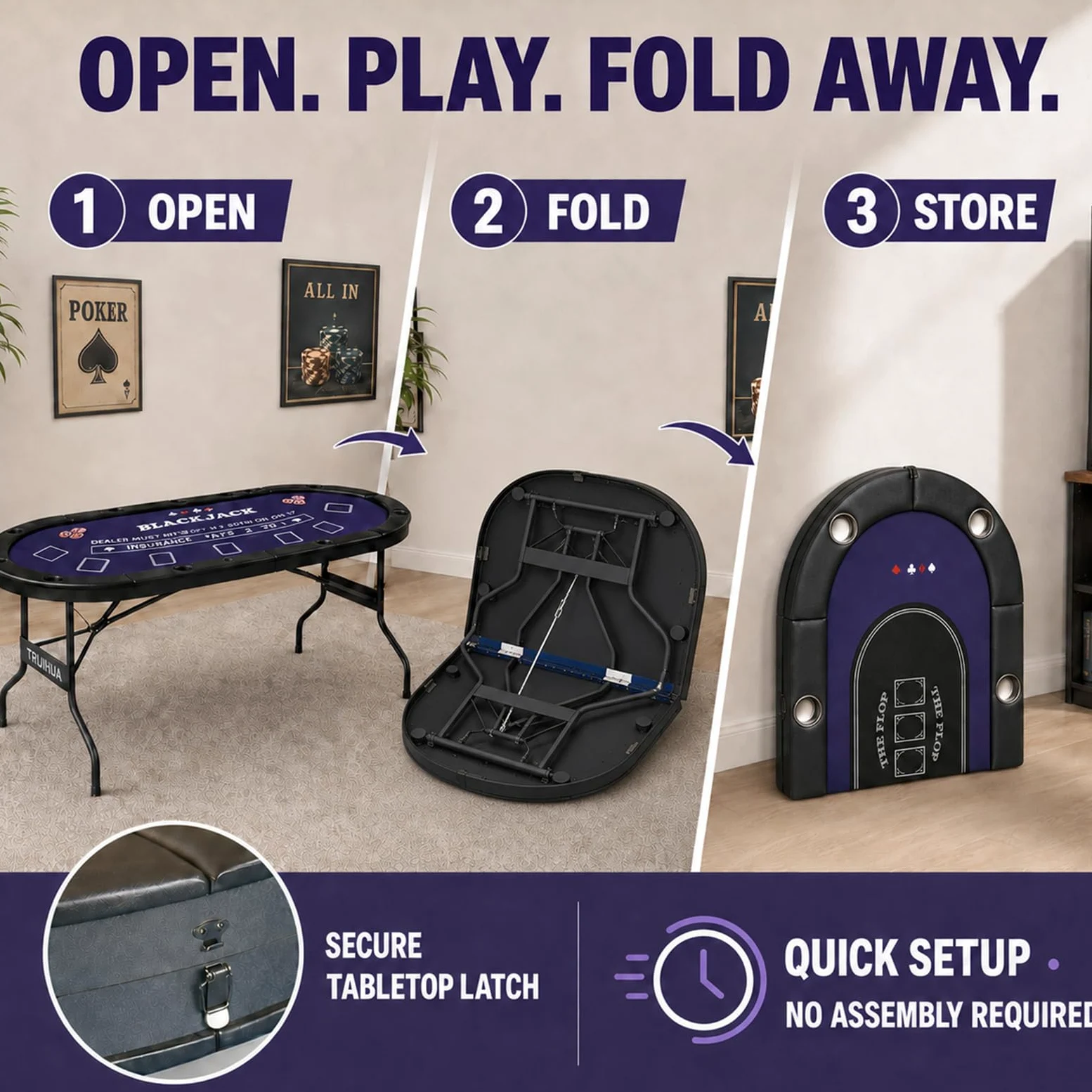 Table de poker pliable de 180 cm pour 8 joueurs, avec 2 tapis de jeu interchangeables en feutre, rail rembourré et porte-gobelets, Texas Hold'em et Blackjack
