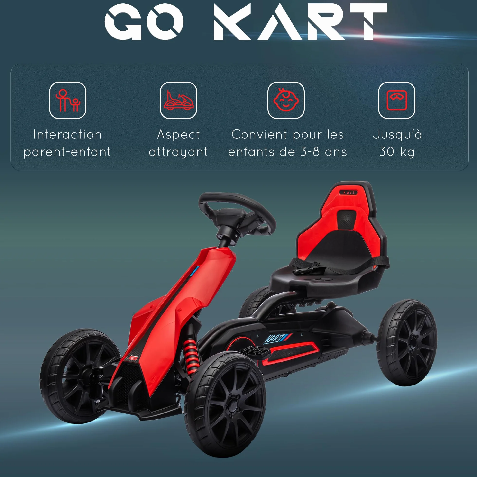 HOMCOM Kart à pédales pour Enfants, siège Ajustable 4 Positions, Roues EVA Silencieux, 100x58x58,5 cm, Rouge et Noir