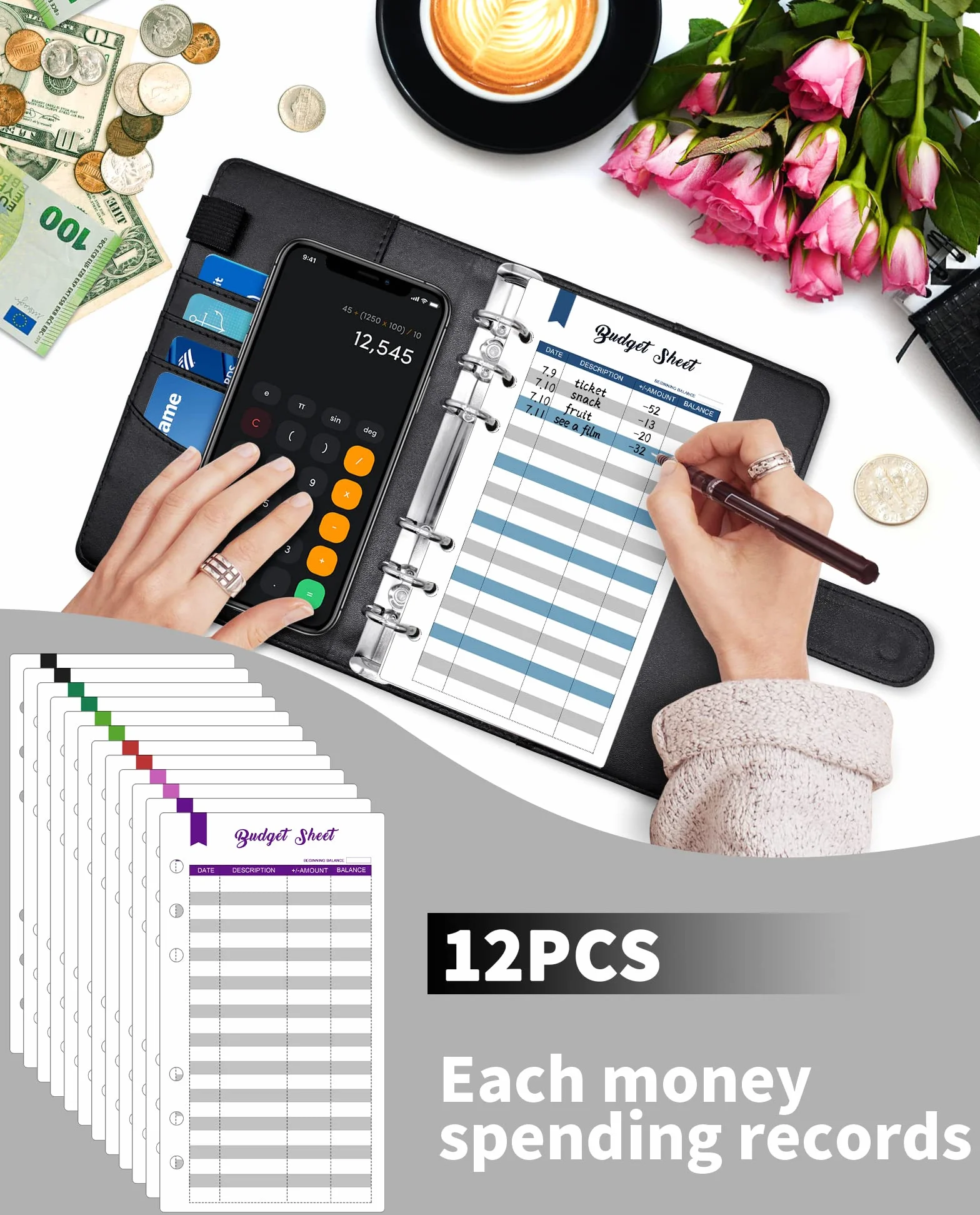 Carnet Enveloppe Budget A6 avec Pochette PVC Zippée, Stickers et Fermeture Magnétique (Noire)