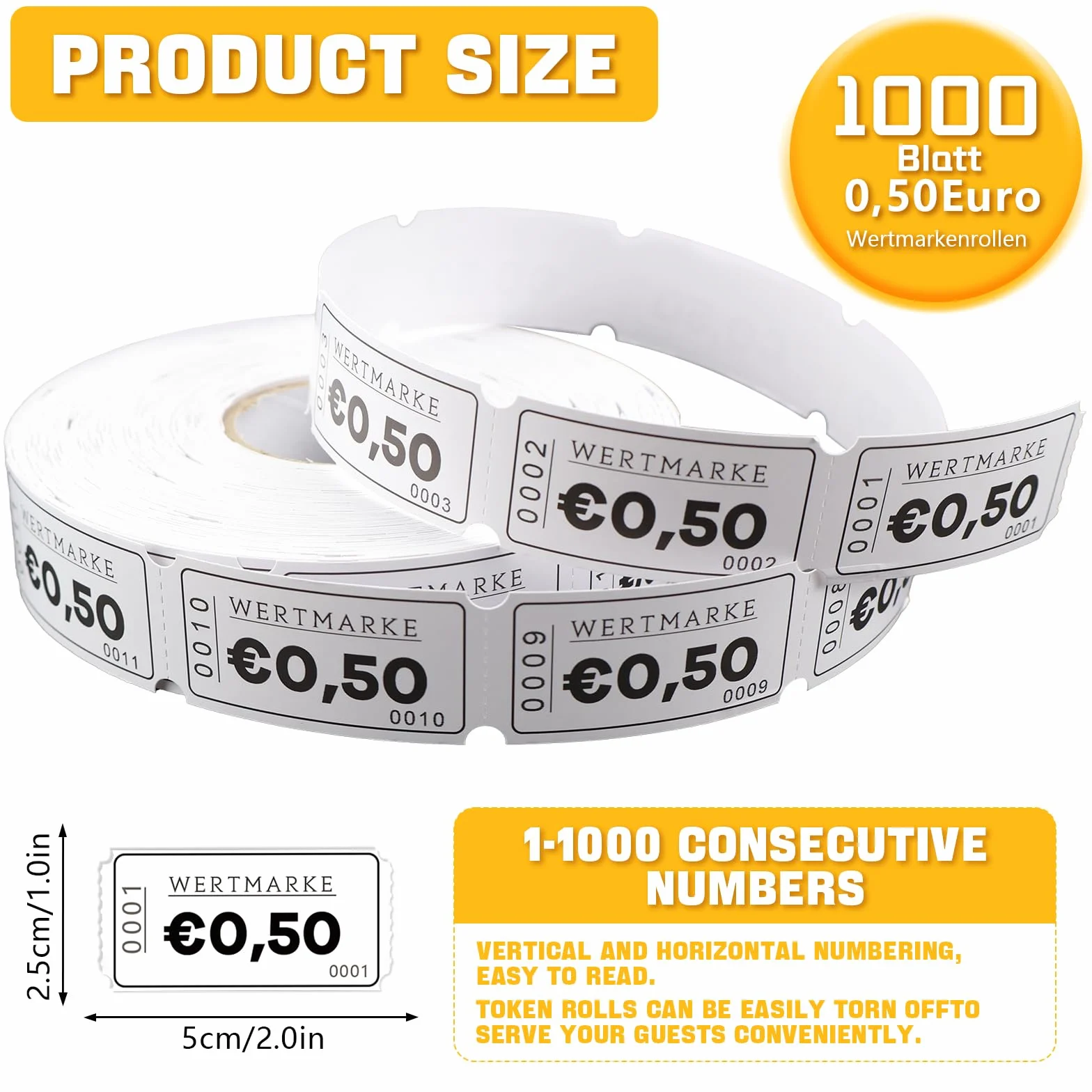 Jetons pour repas & boissons, rouleaux 1000 feuilles, numérotation continue, facile à déchirer (0,5 euro)