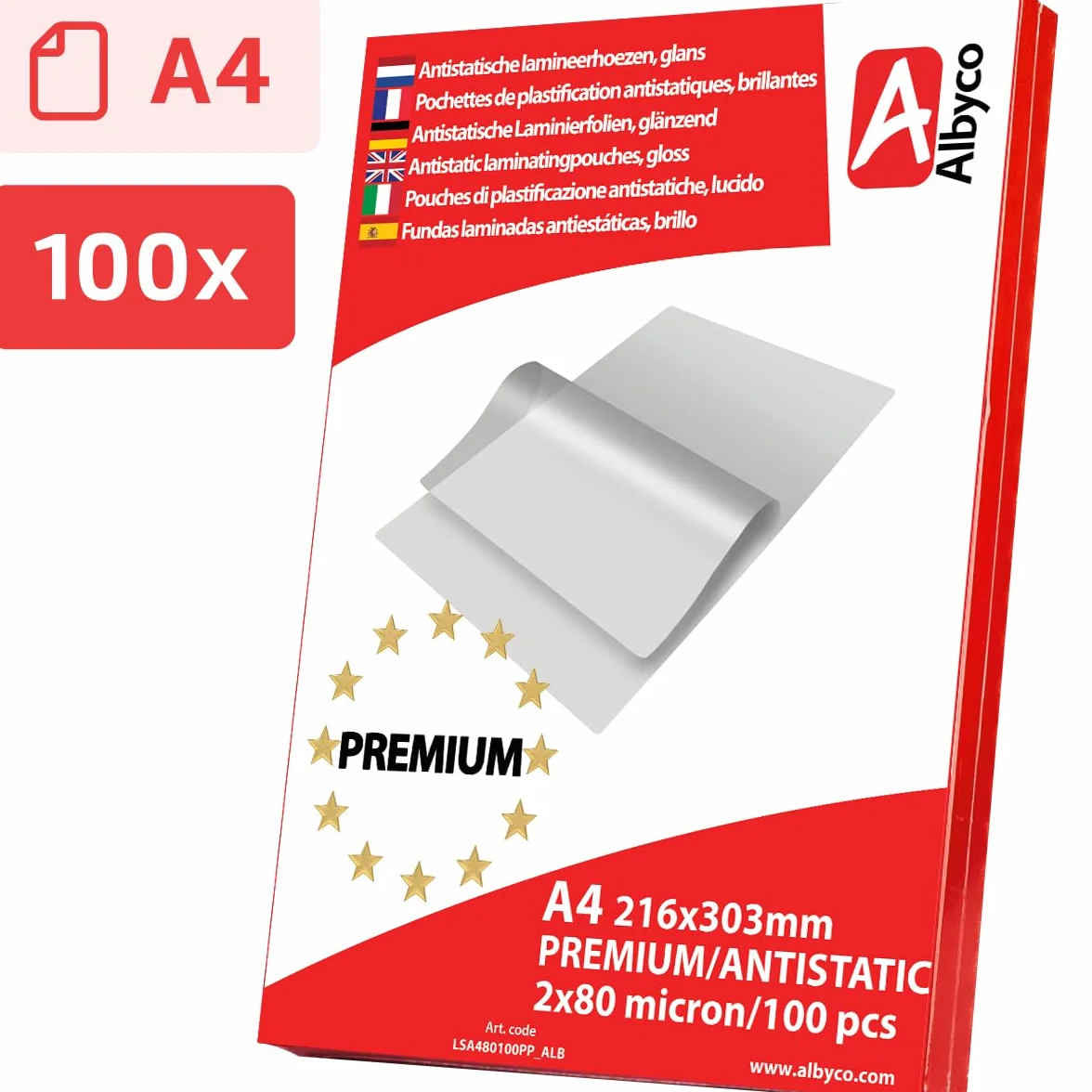 Pochettes de Plastification Premium ANTISTATIQUE A4 216x303mm 2x80 Microns Brillant Paquet de 100 Pièces