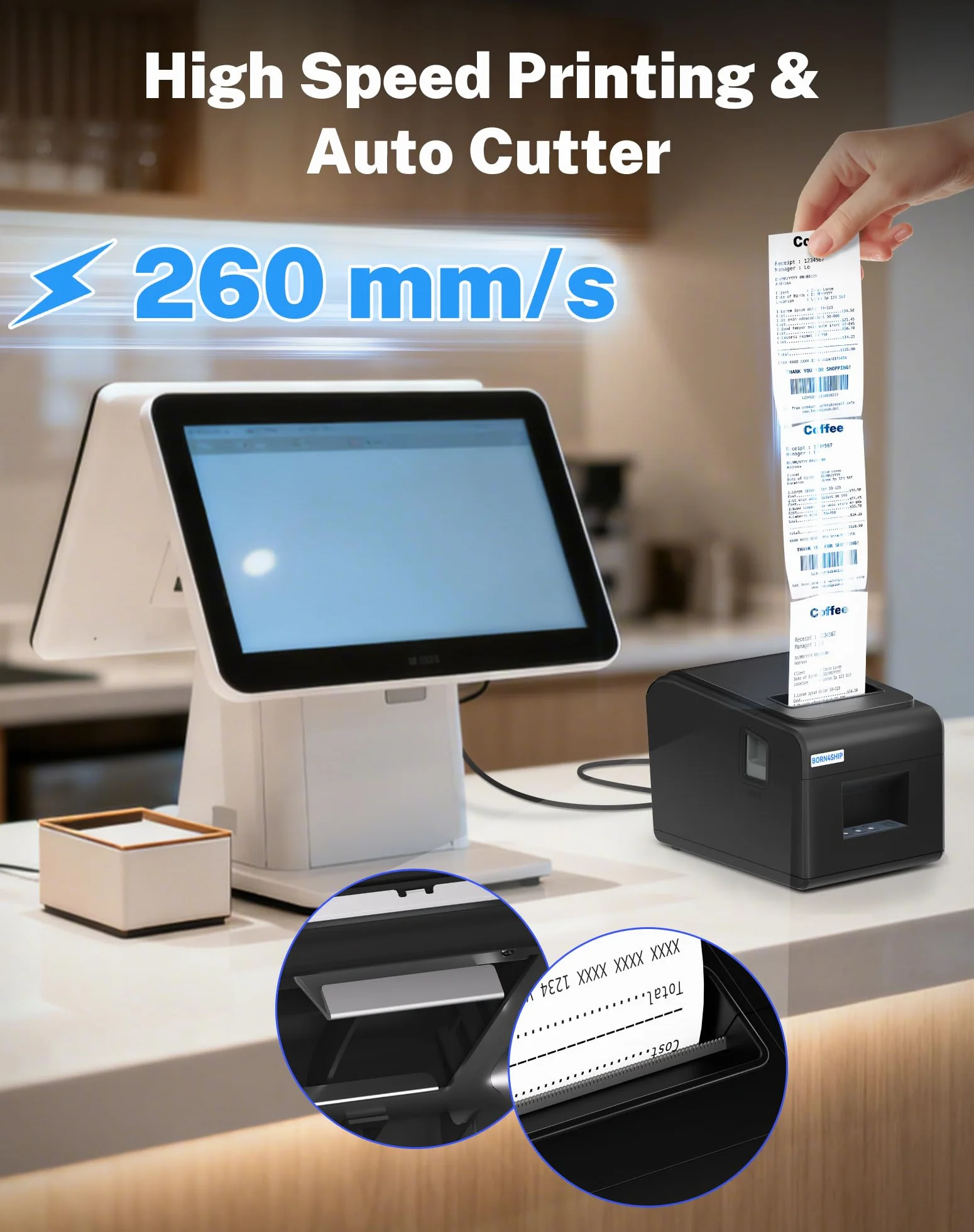 Imprimante Ticket de Caisse 80mm Thermique USB Ethernet Serial, Support de Coupe Automatique, Noir