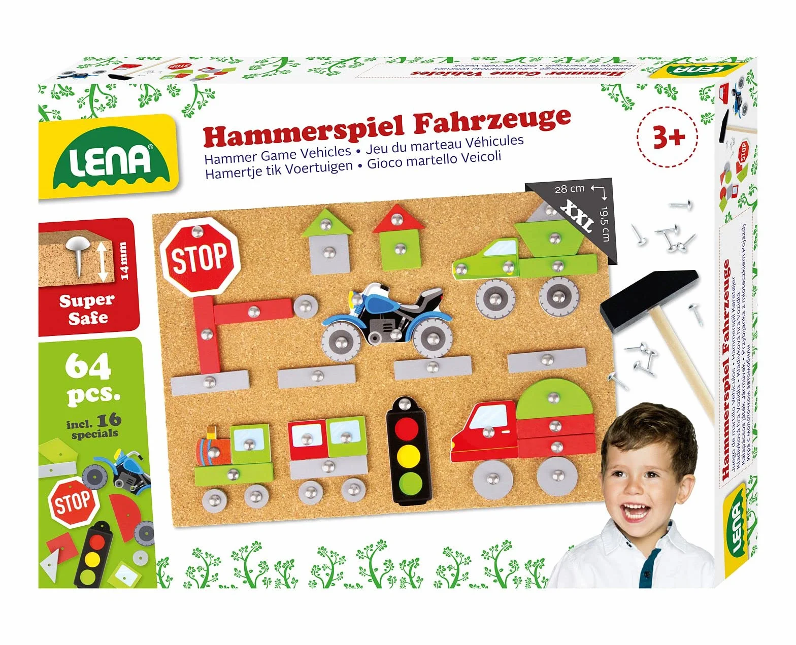 LENA Jeu de Marteau Véhicules 64 pièces Plaque de Base en liège 28x19,5x1,4 cm pour Enfants à partir de 3 Ans