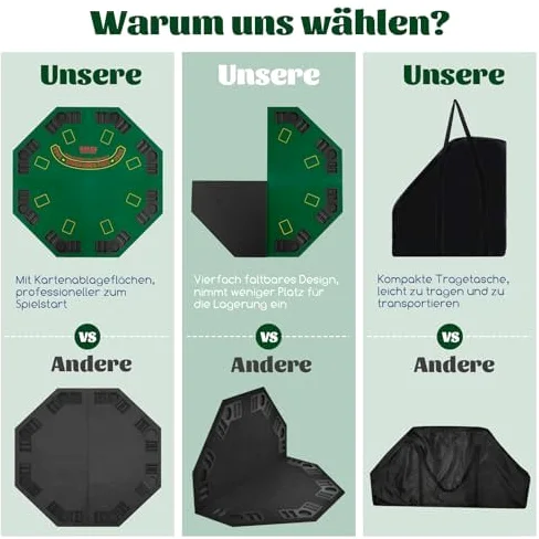 FANTASK Texas Holdem Tapis de Poker 120 x 120 cm Pliable pour 8 Joueurs avec Porte-gobelets, Vert