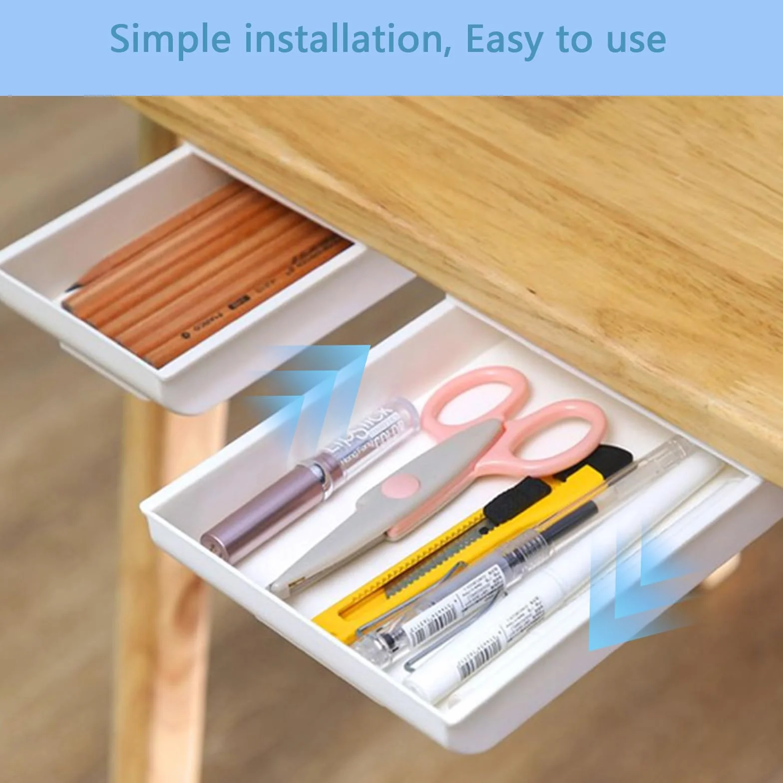 Organisateur Sous Bureau 2 Tiroirs Cachés Adhésifs Double Fixation Plastique ABS