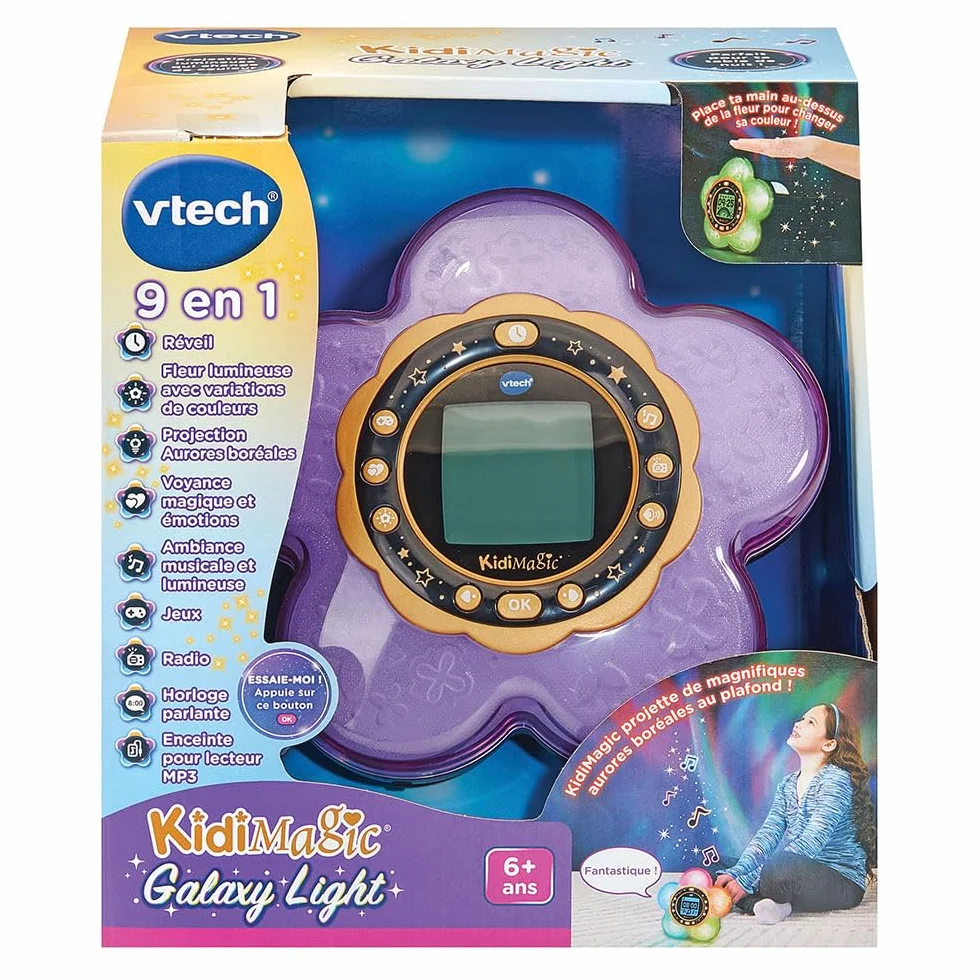 VTech KidiMagic Galaxy Light Violet Radio Réveil Enfant 9 en 1 Effets Lumineux Projection Aurores Boréales Plafond Enceinte Jeux Cadeau 6-12 Ans Français