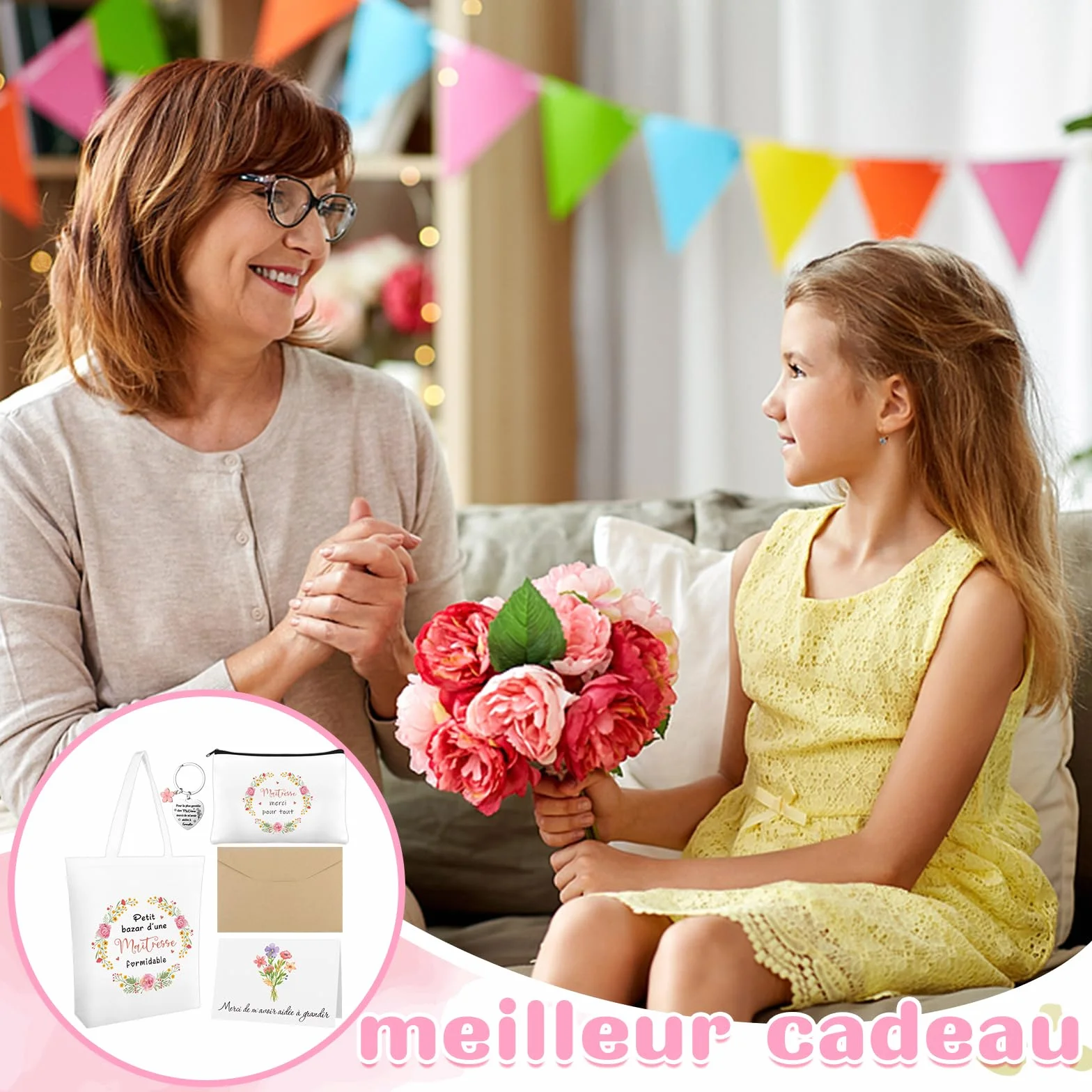 Sac en Coton Trousse de Toilette Porte-clés Carte de Vœux Set 4 Pièces Cadeau pour Maitresse Institutrice ATSEM AESH Fin d'Année