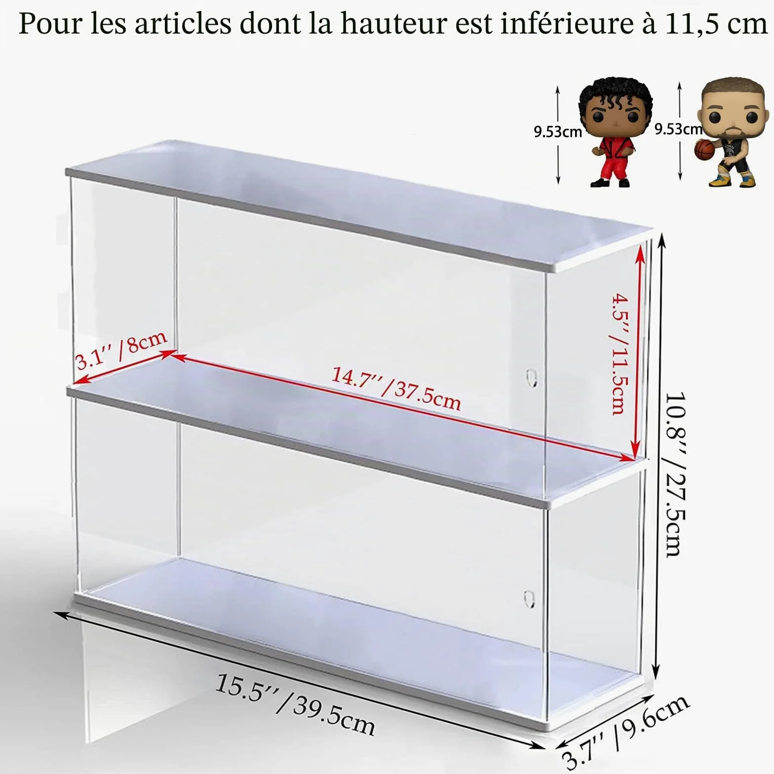 Vitrine Acrylique pour Funko Pop Figurine 11.5cm, Présentoir deux Éages Vitrine Acrylique Boîte Plexiglas Transparente pour Popmart Voitures Collection 1/32 1/43 Miniatures, Base Blanc 39.5x9.6x27.5cm