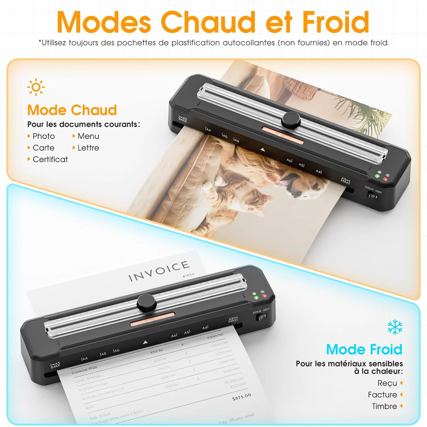 Crenova Plastifieuse A3, Chauffe rapide, Modes chaud et froid, avec 10 pochettes et arrondisseur d'angles, noir