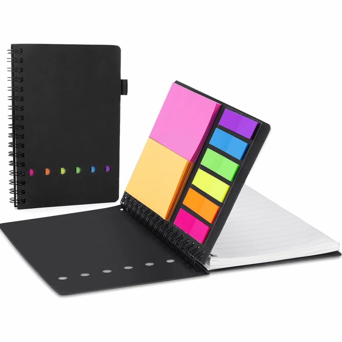AGPTEK Carnet à Spirale avec Notes Colorées, Bloc Note Couverture Kraft, Cahier Spirale avec Porte-Stylo, Notes Autocollantes pour Étude et Bureau Noir